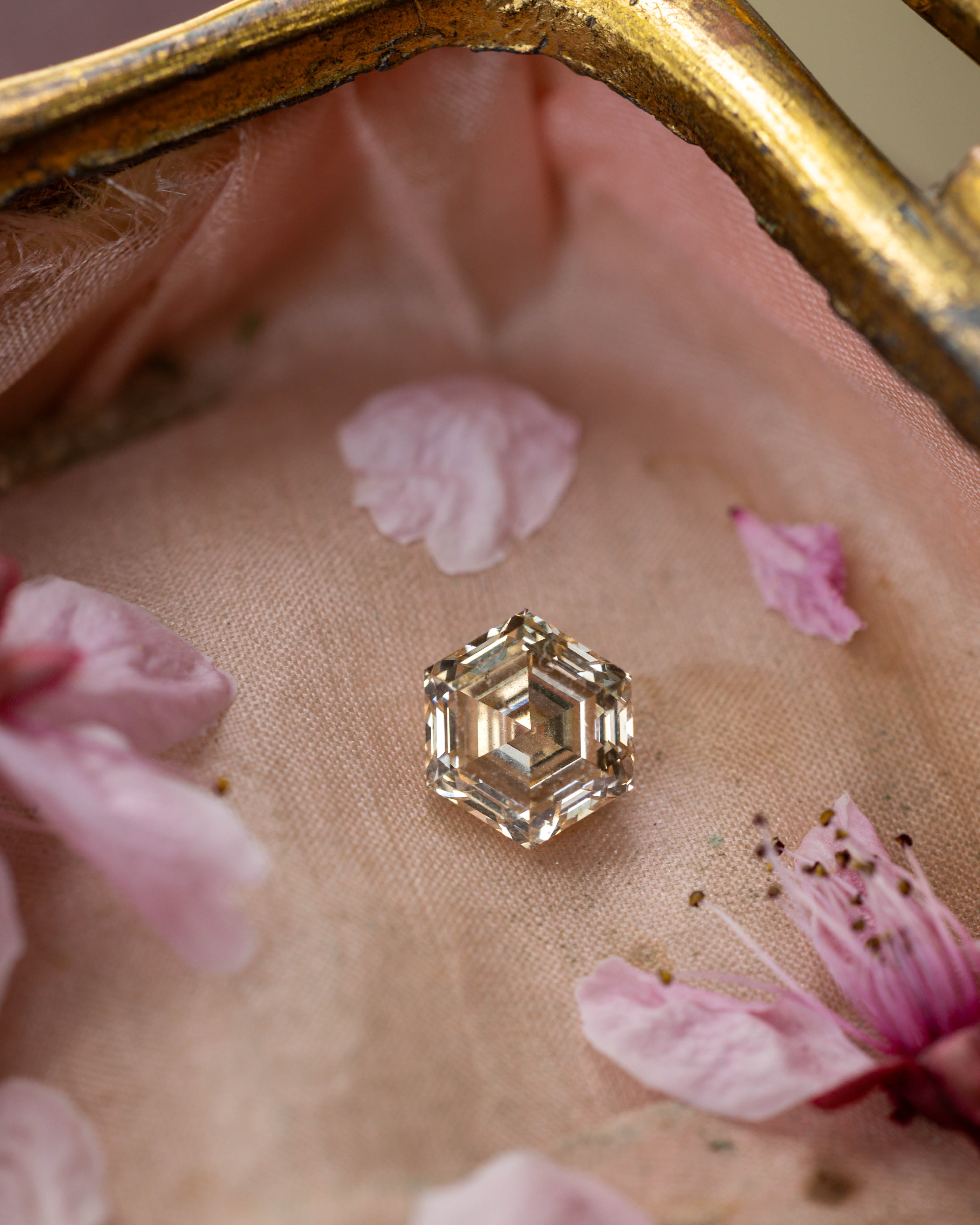 Hexagon shaped champagne diamond on fabric with flower details