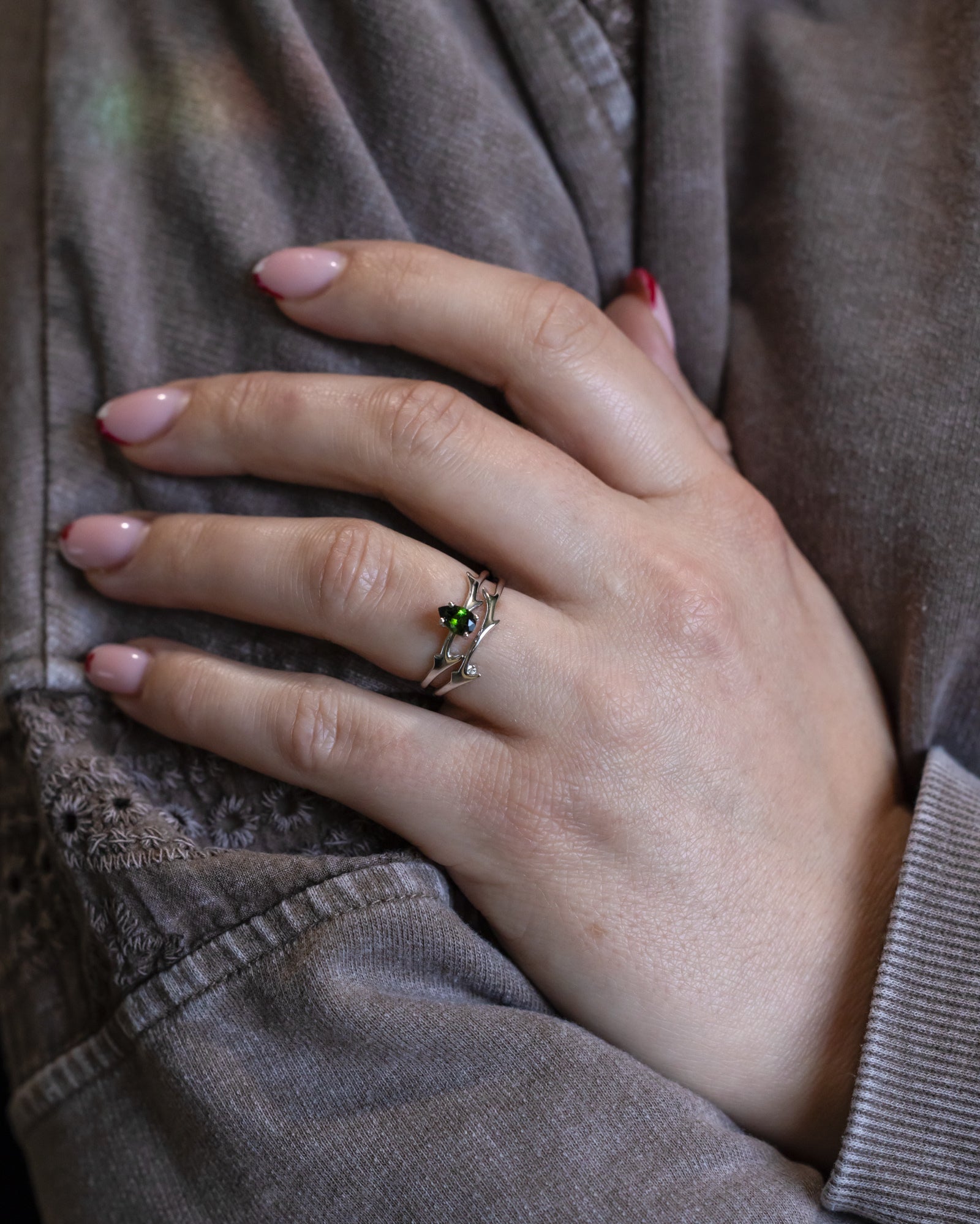 "ARTEMIS" - PEAR CUT GREEN TOURMALINE ENGAGEMENT RING WITH AN ANTLER-STYLE STACKING BAND AND DIAMOND ACCENT-Staghead Designs