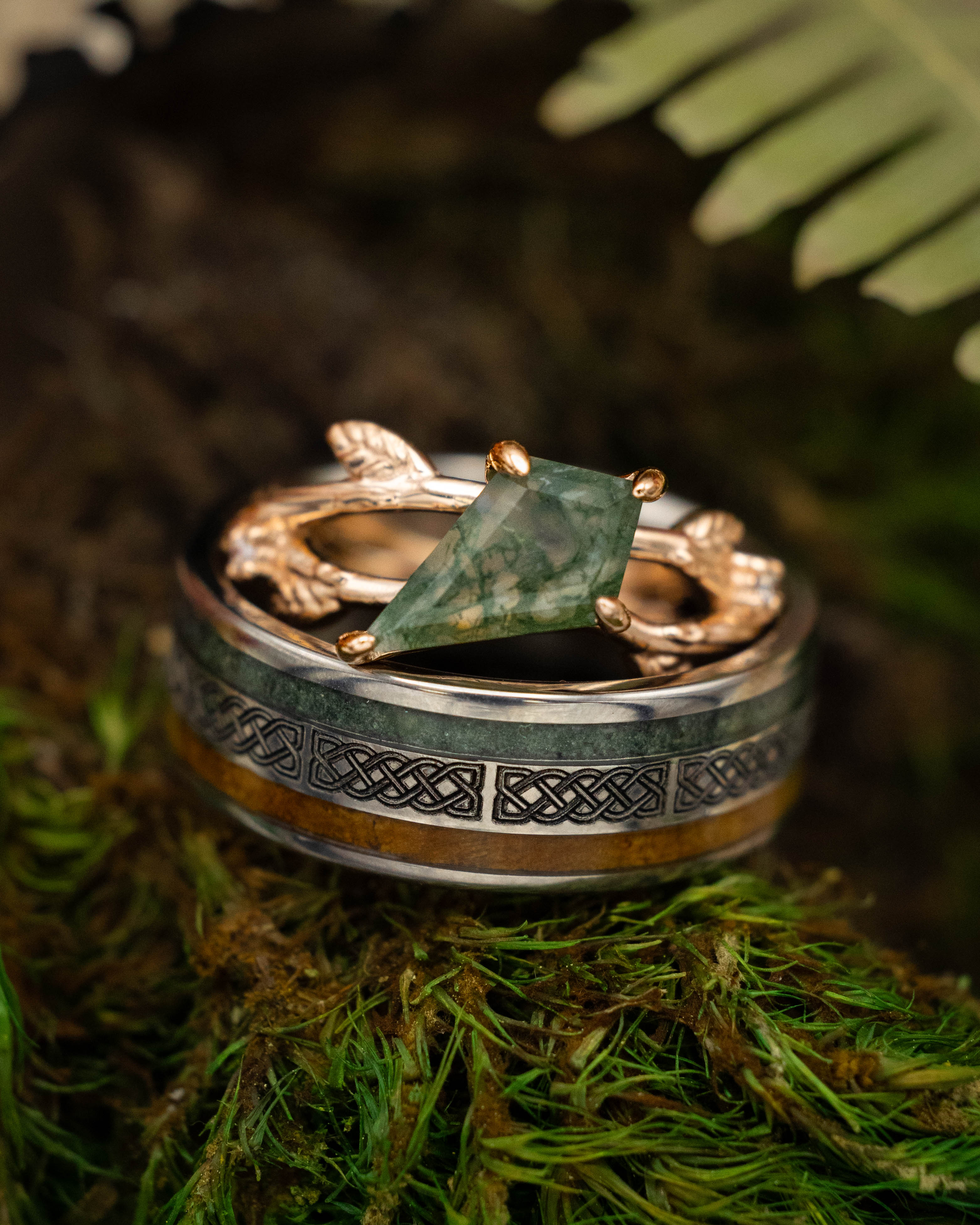"ARTEMIS ON THE VINE" DIAGONAL - KITE CUT MOSS AGATE ENGAGEMENT RING WITH DIAMOND ACCENTS & A BRANCH-STYLE BAND-Staghead Designs
