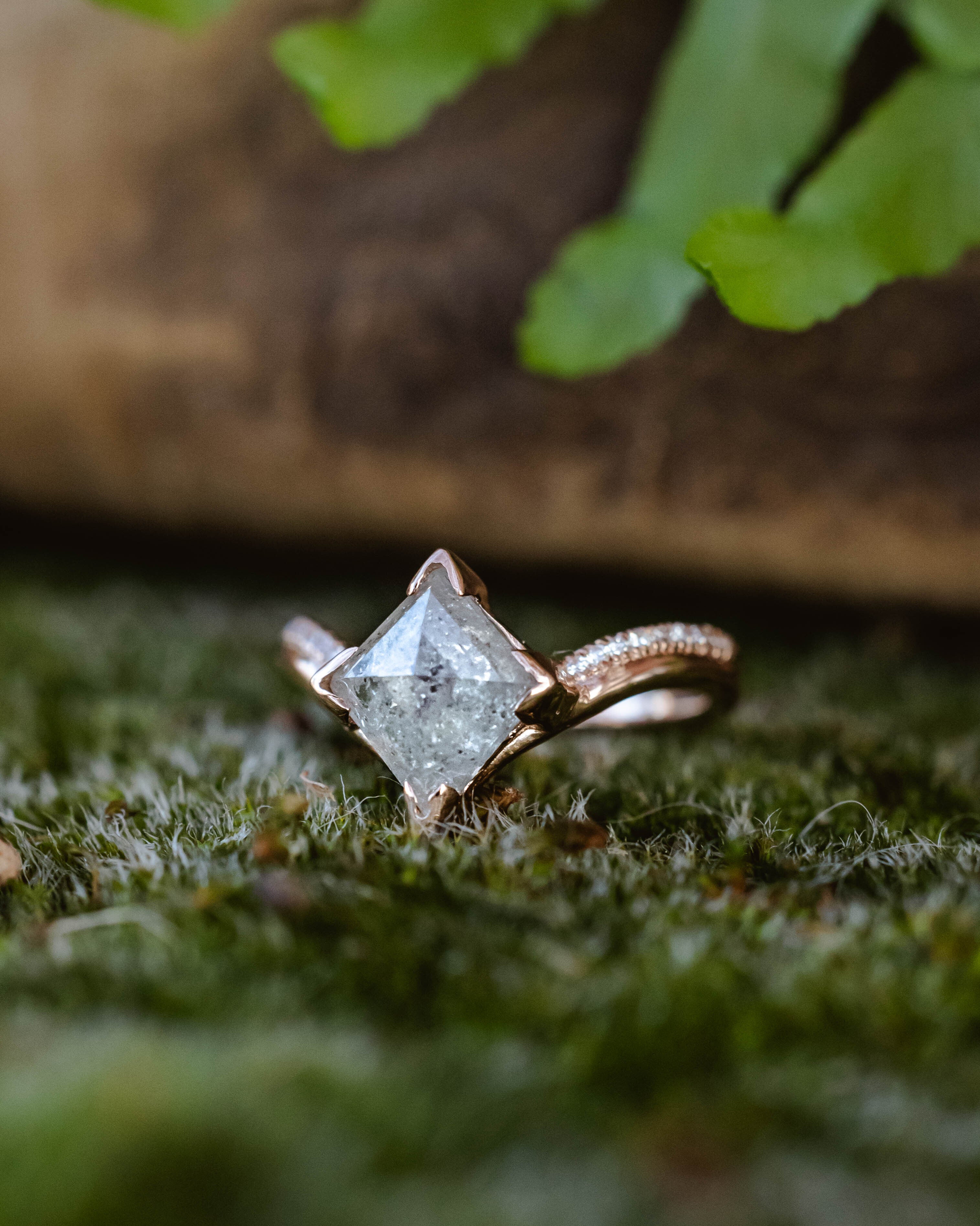 ONE-OF-A-KIND - "AURELIA" - LOZENGE ROSECUT SALT & PEPPER DIAMOND ENGAGEMENT RING WITH DIAMOND ACCENTS-Staghead Designs