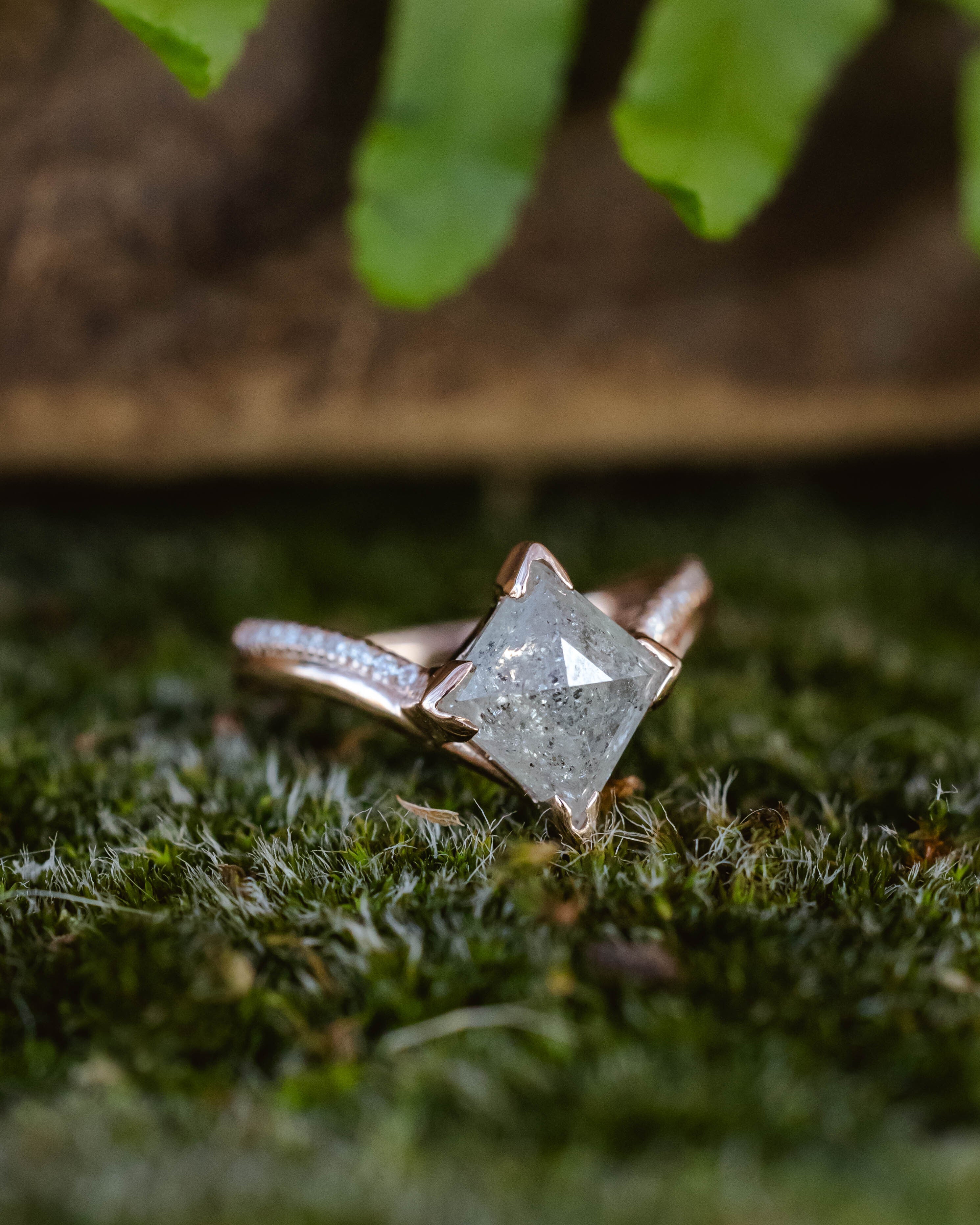 ONE-OF-A-KIND - "AURELIA" - LOZENGE ROSECUT SALT & PEPPER DIAMOND ENGAGEMENT RING WITH DIAMOND ACCENTS-Staghead Designs