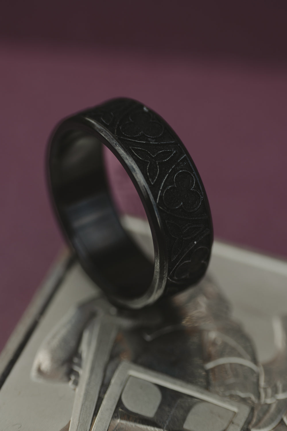 "ALISTAIR" - CUSTOM EMBOSSED VICTORIAN GOTHIC-INSPIRED WEDDING RING-Staghead Designs