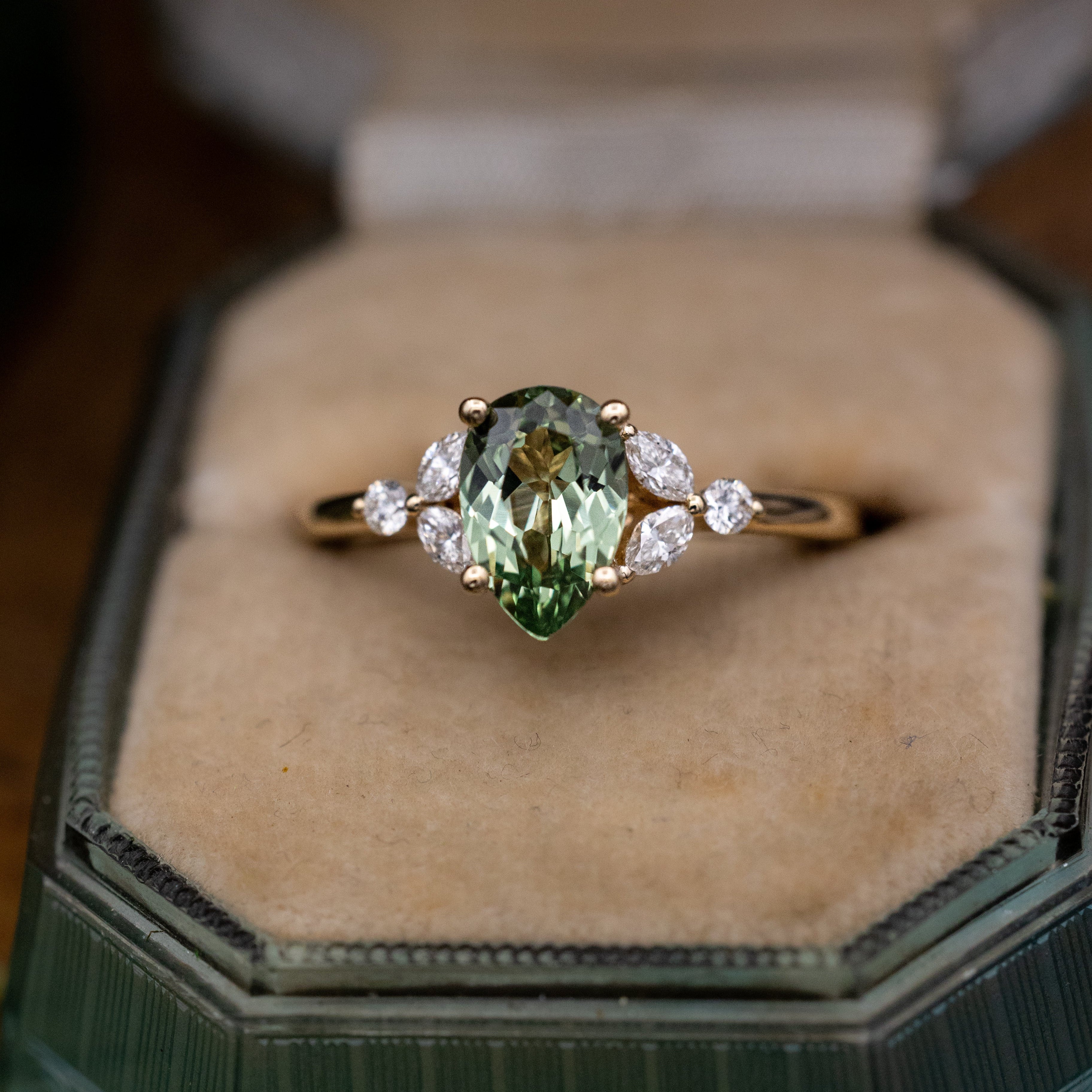 "BLOSSOM" - PEAR CUT LAB-GROWN GREEN SAPPHIRE ENGAGEMENT RING WITH DIAMOND ACCENTS-Staghead Designs