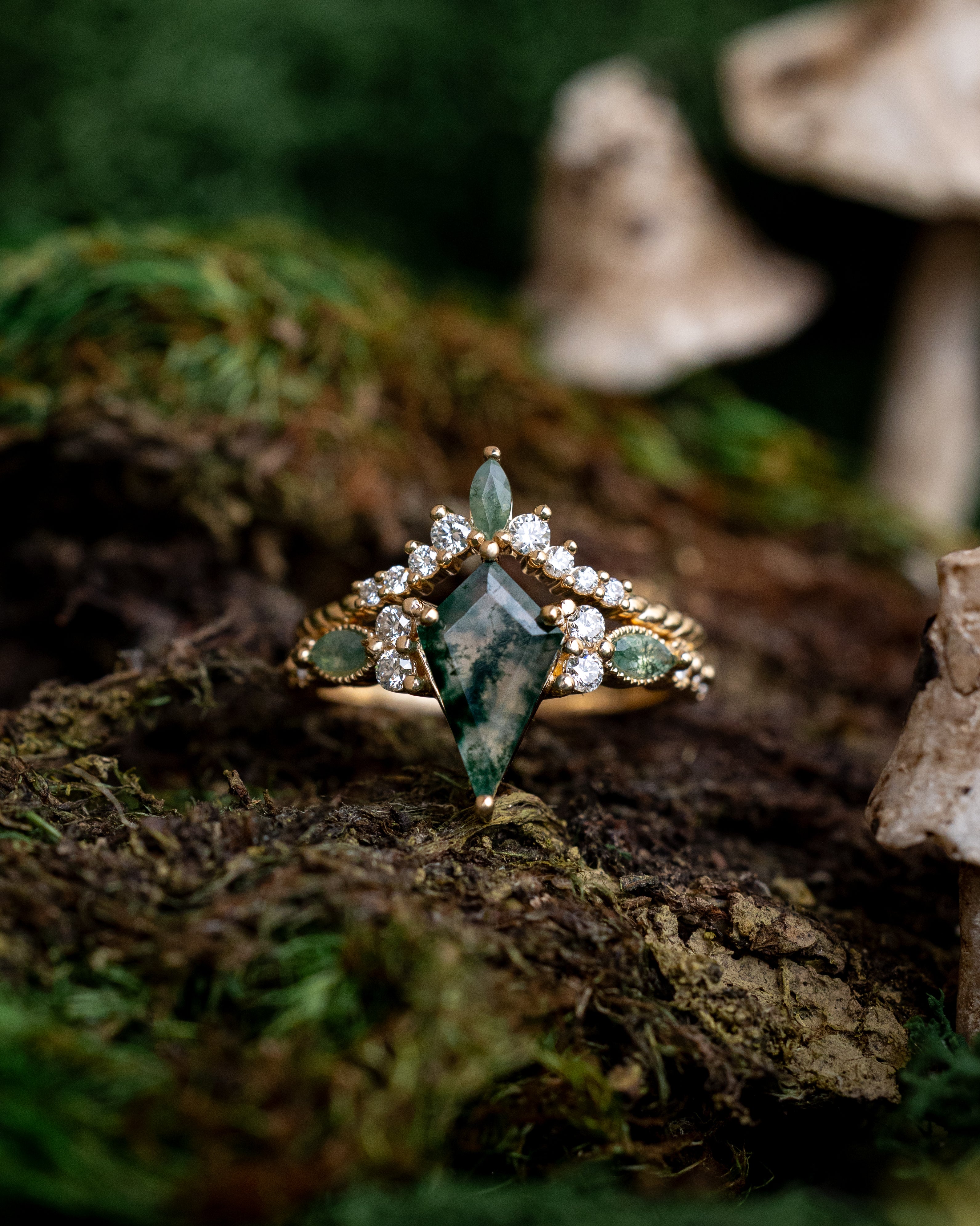 "SHIMMERING SAGE" - KITE CUT MOSS AGATE ENGAGEMENT RING WITH MARQUISE MOSS AGATE ACCENTS & A DIAMOND TRACER-Staghead Designs