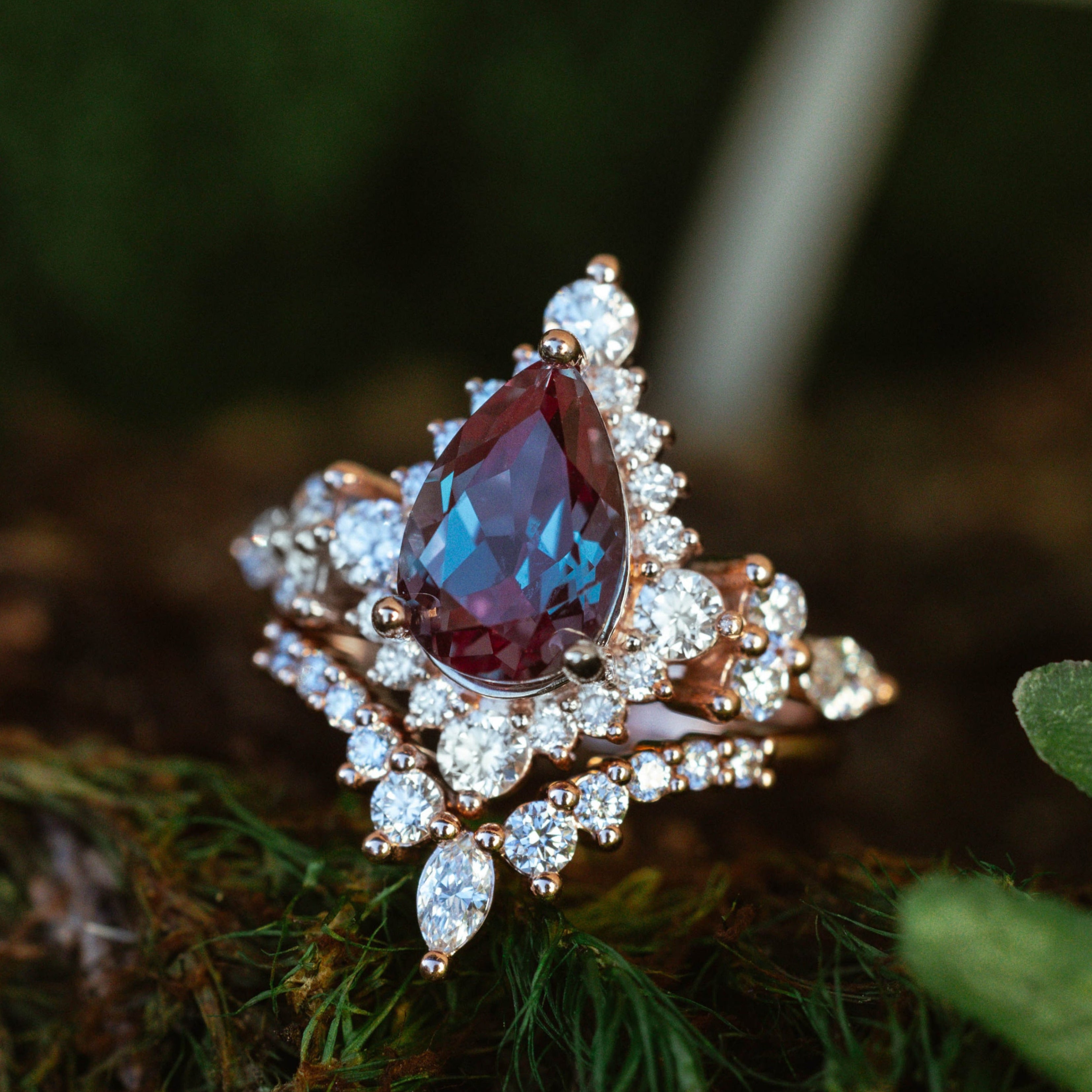 PEAR CUT LAB-GROWN ALEXANDRITE ENGAGEMENT RING SET WITH DIAMOND ACCENTS & "SAGE" TRACER-Staghead Designs