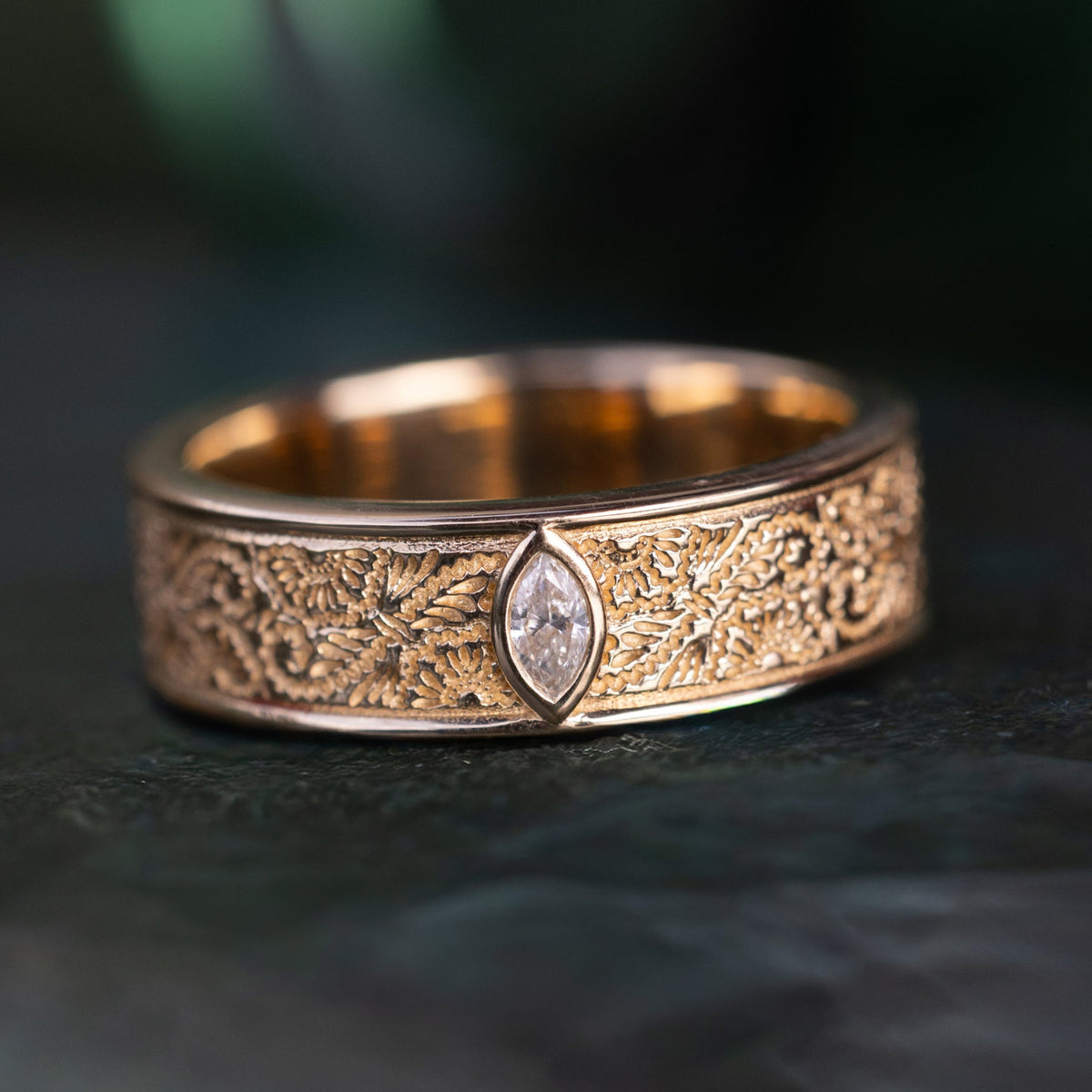 "Florent" - Floral Filigree Wedding Band With Diamond Accent-Staghead Designs