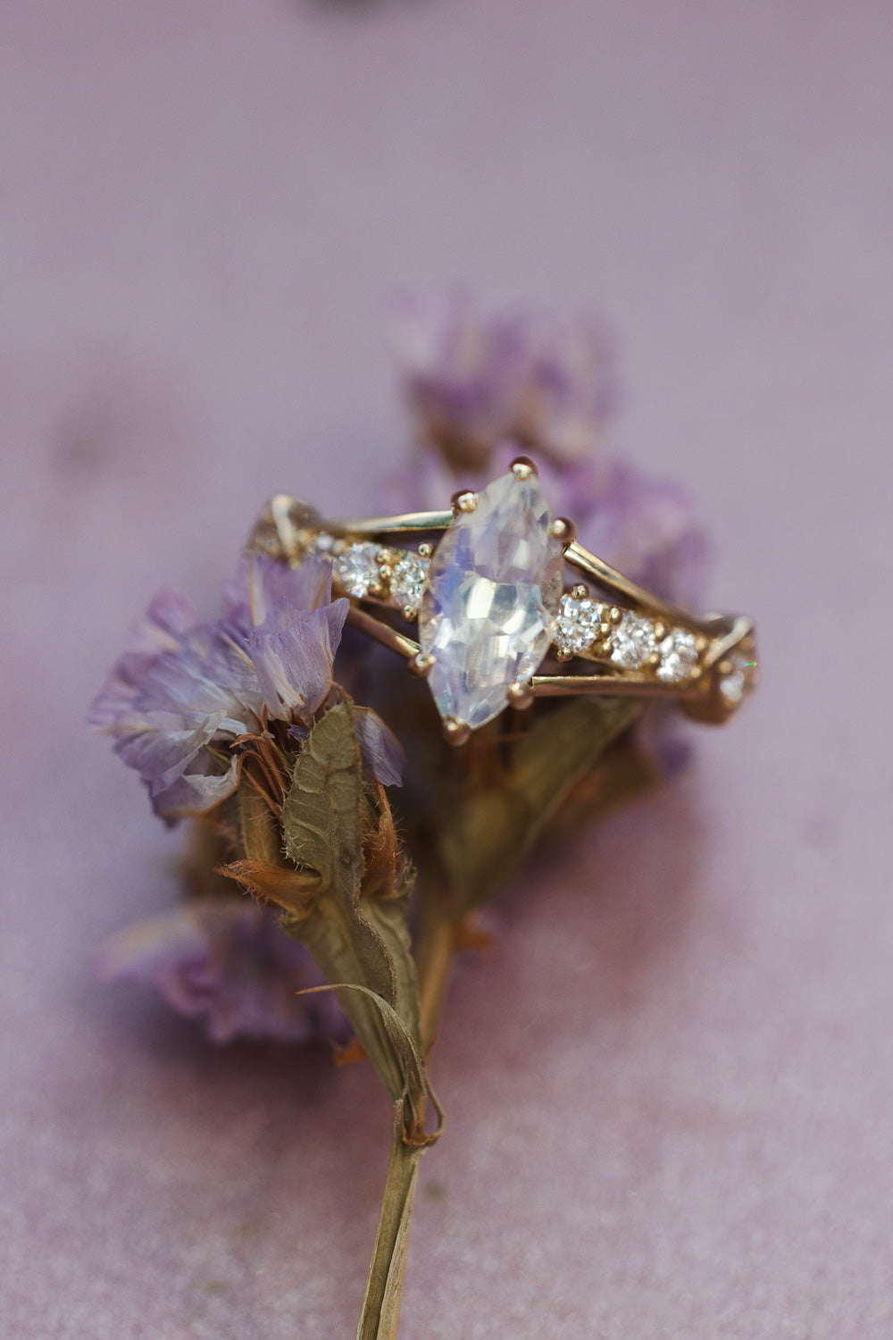 "PERSEPHONE" - MARQUISE CUT MOONSTONE ENGAGEMENT RING WITH DIAMOND ACCENTS-Staghead Designs