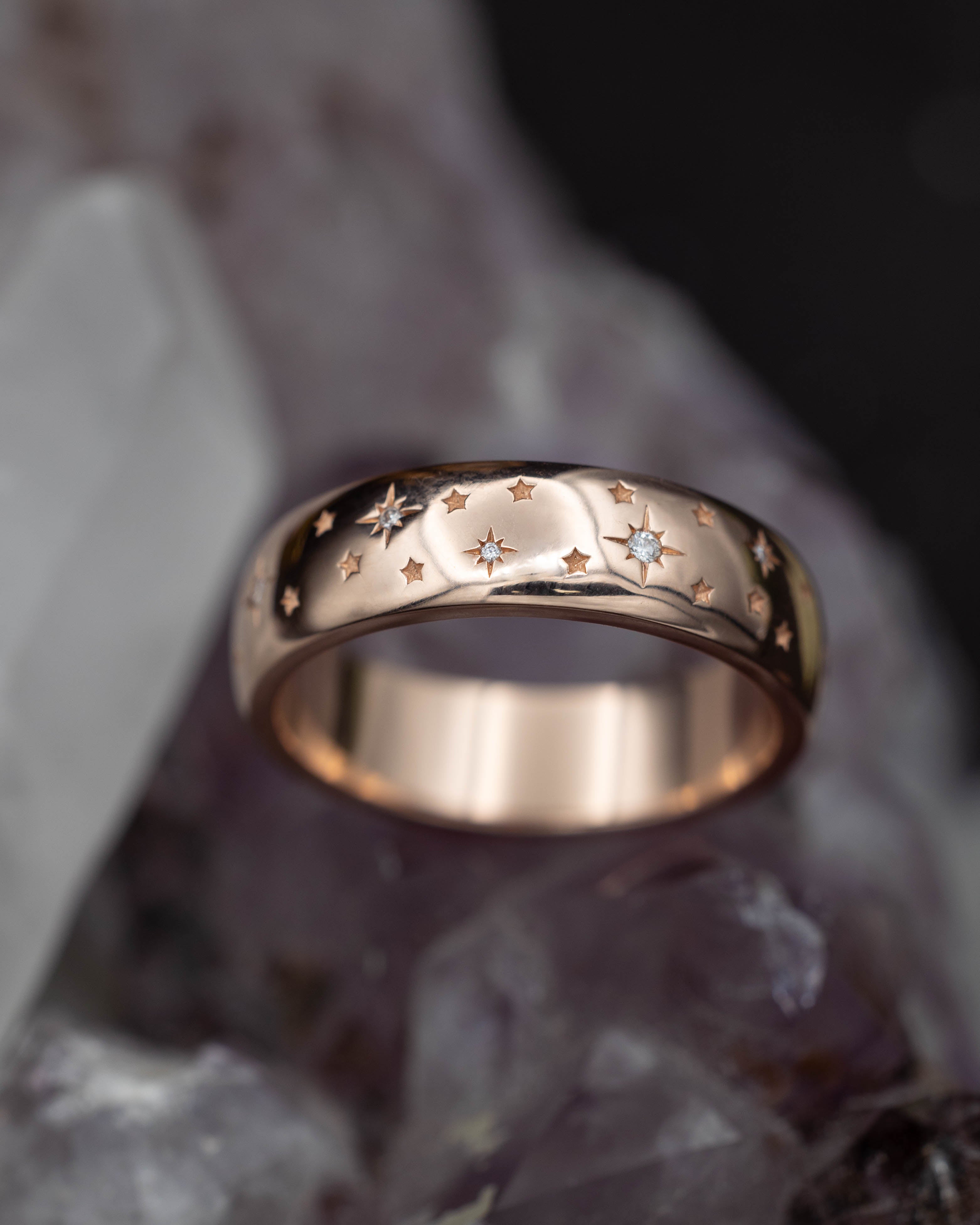 "ALTAIR" - CELESTIAL INSPIRED MEN'S WEDDING RING WITH STAR ENGAVINGS & DIAMOND ACCENTS-Staghead Designs