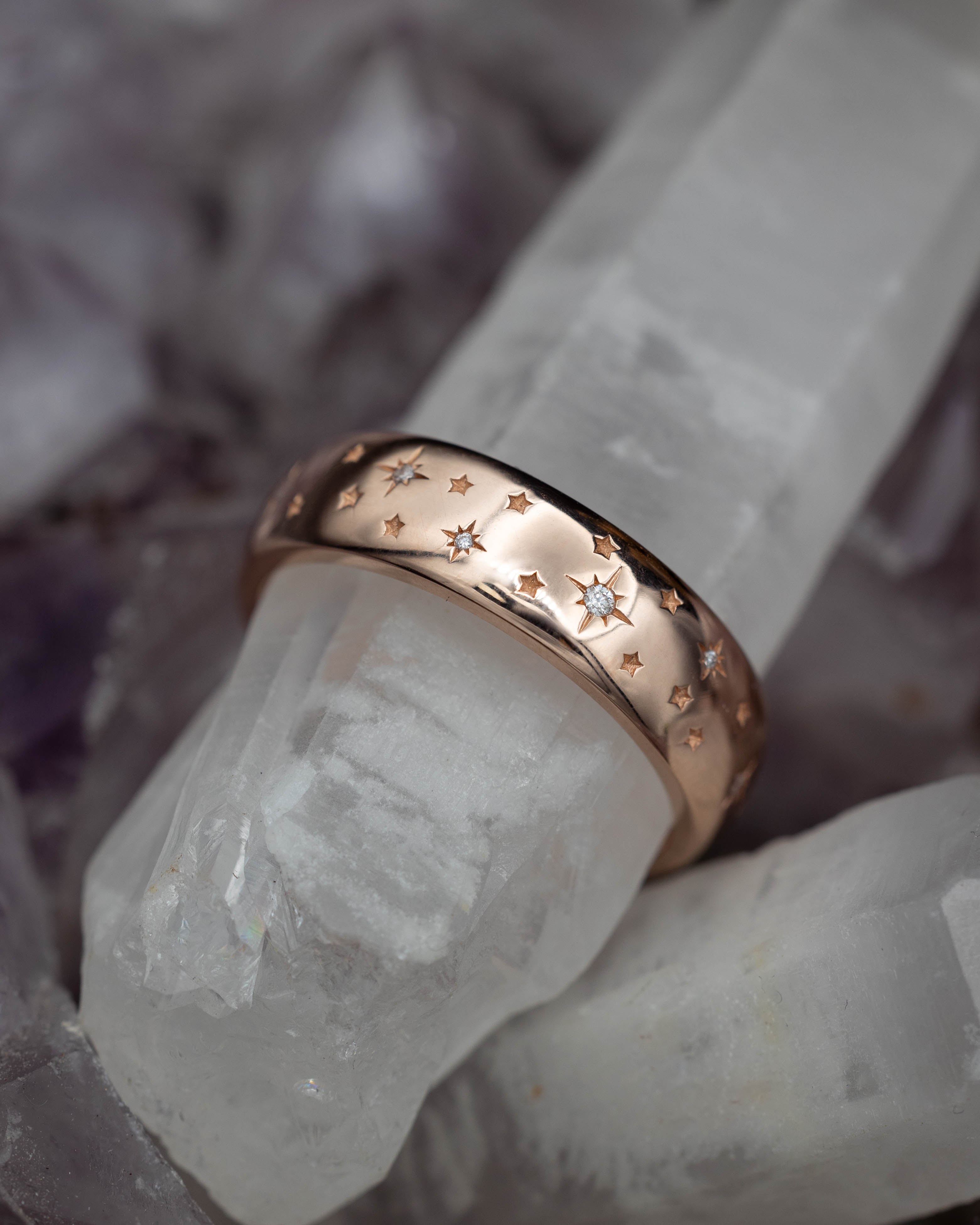 "ALTAIR" - CELESTIAL INSPIRED MEN'S WEDDING RING WITH STAR ENGAVINGS & DIAMOND ACCENTS-Staghead Designs