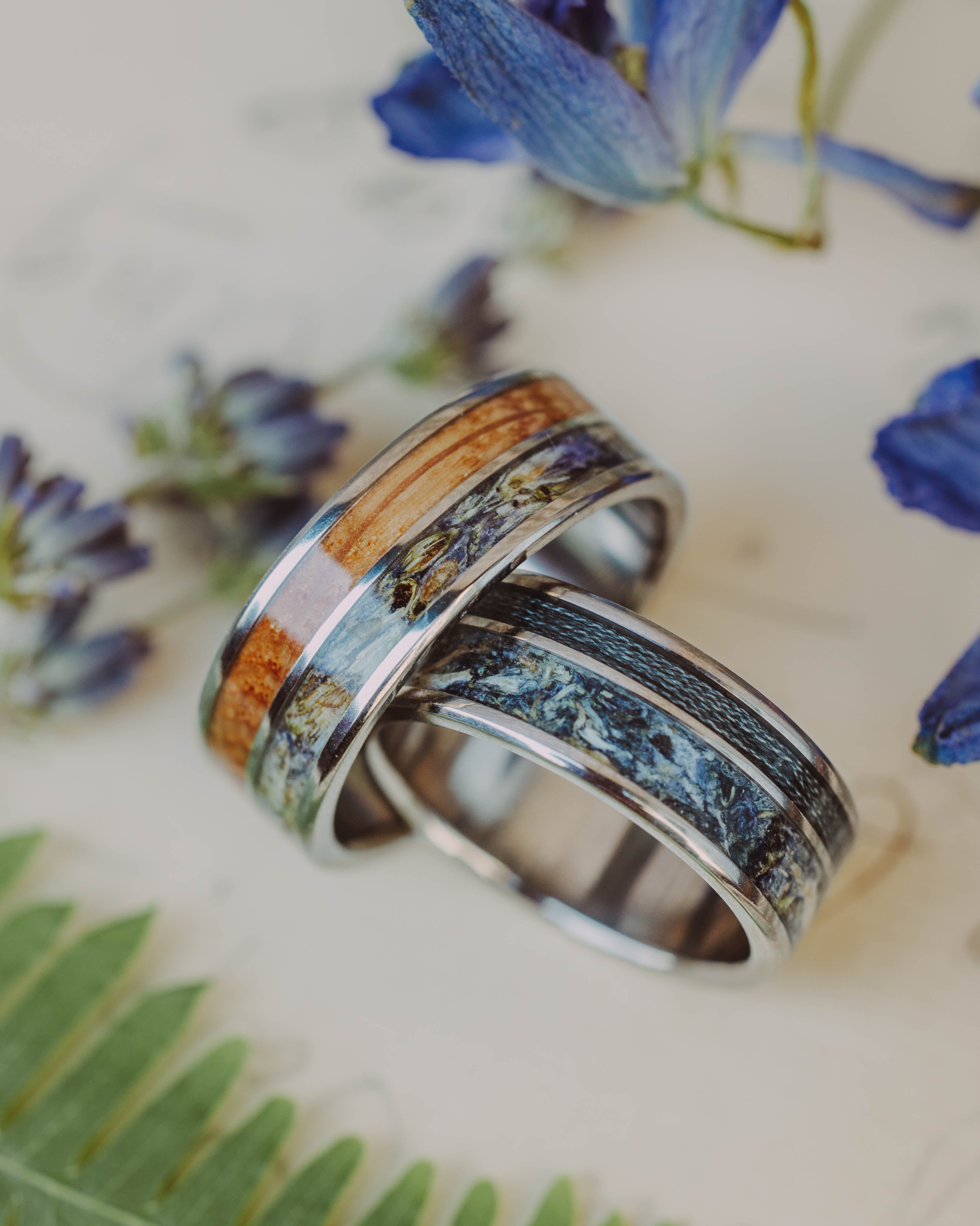 "RAPTOR" - BLUEBELL PETALS & GREY FISHING LINE INLAY WEDDING RING-Staghead Designs
