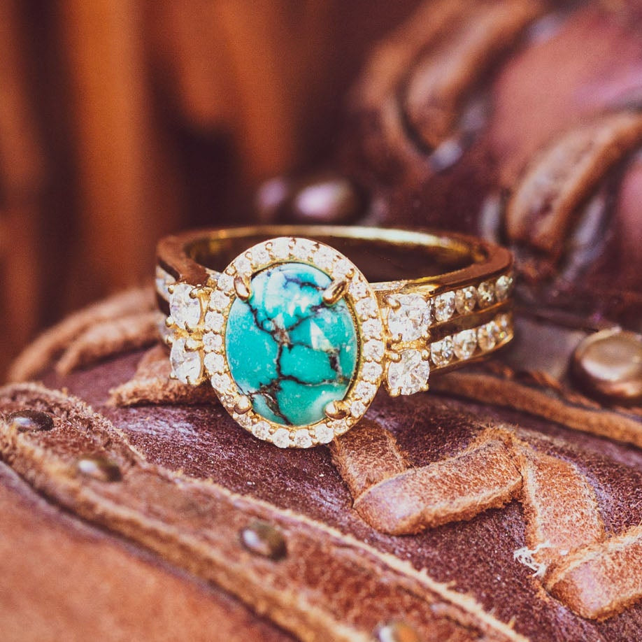 "Fancy" - Oval Cabochon Cut Turquoise Engagement Ring With Diamonds-Staghead Designs