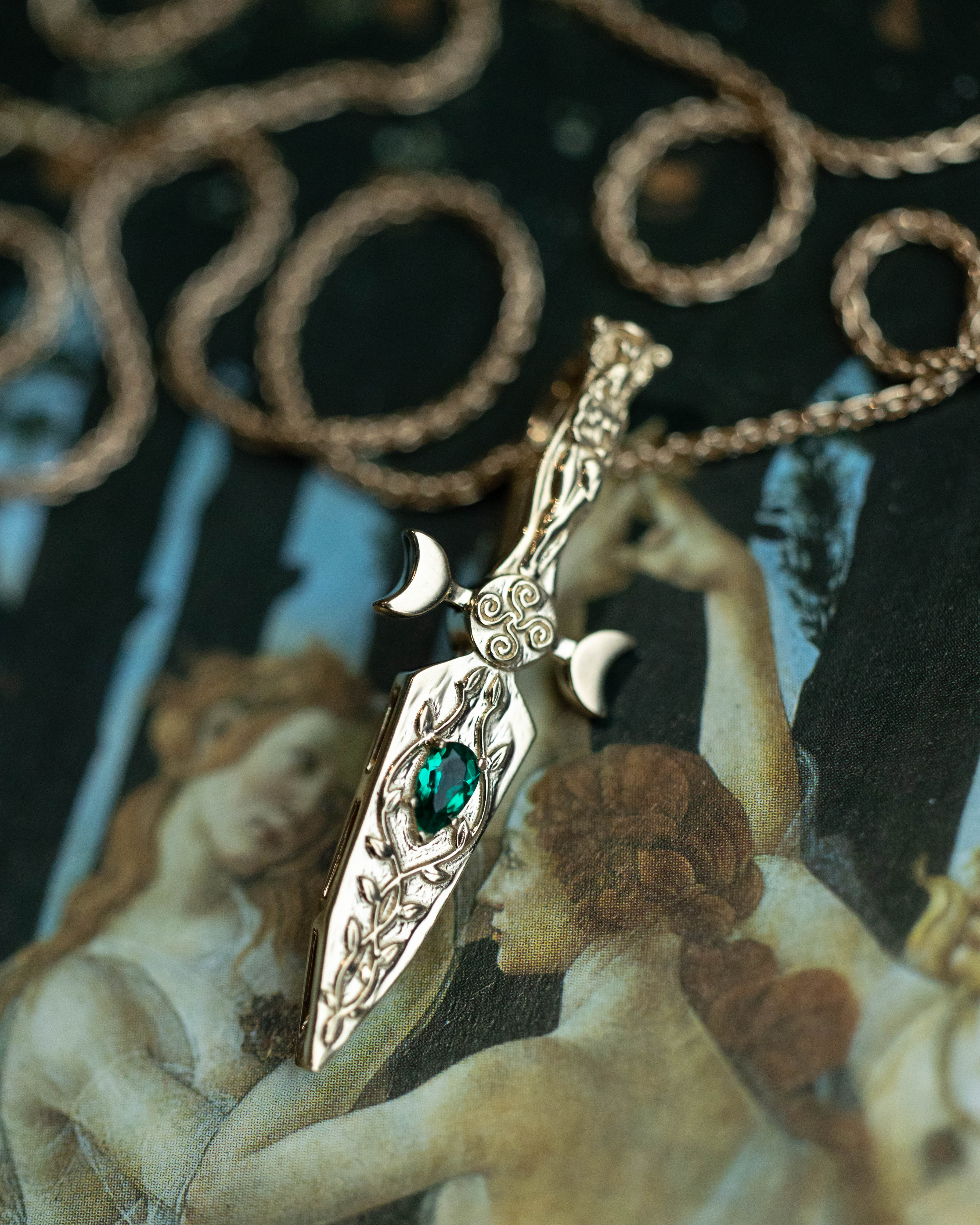 GODDESS DAGGER PENDANT IN 14K GOLD WITH LAB-GROWN PEAR CUT EMERALD-Staghead Designs