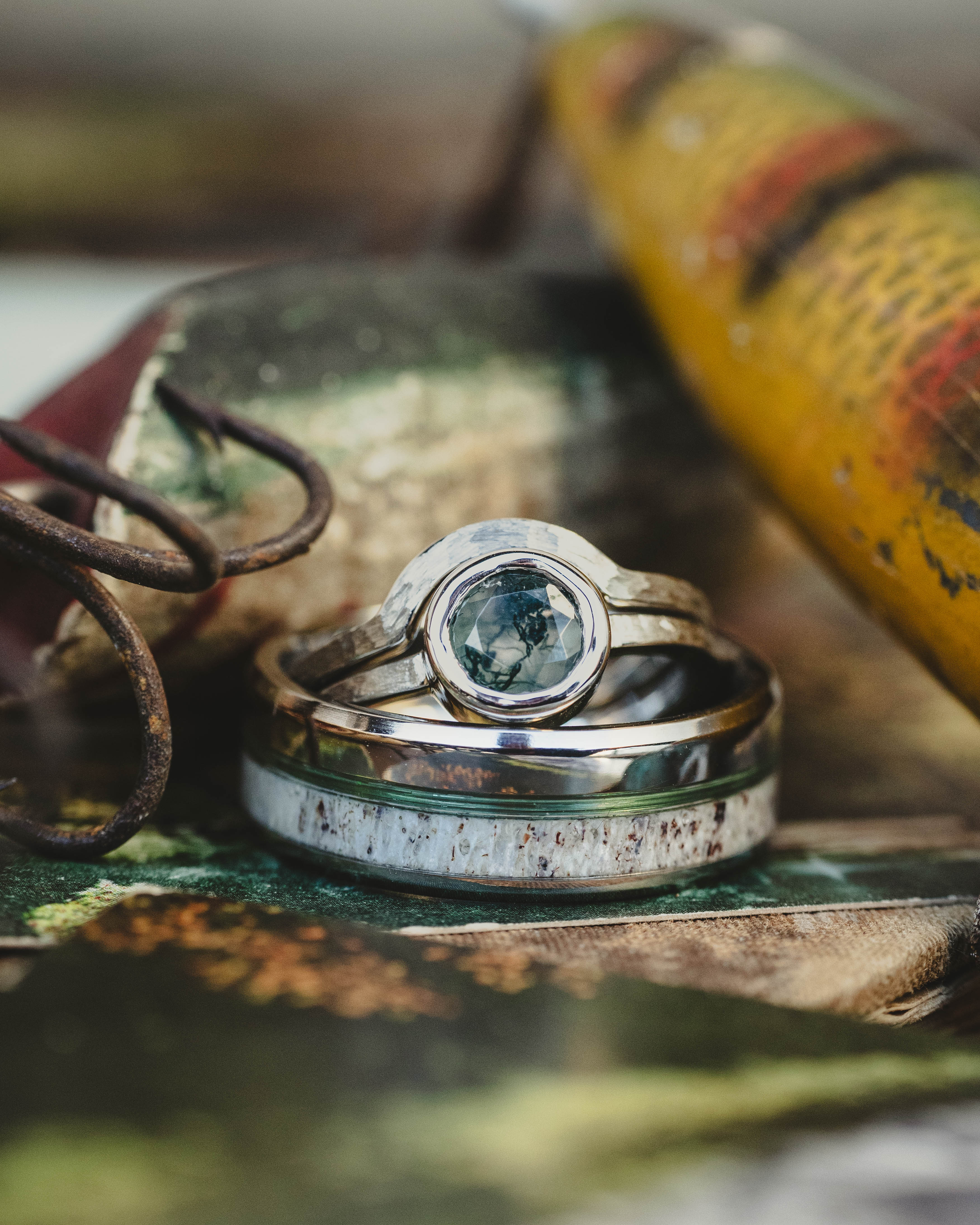 "EVELYN" - BEZEL SET MOSS AGATE SOLITAIRE ENGAGEMENT RING WITH TRACER IN A HAMMERED FINISH-Staghead Designs