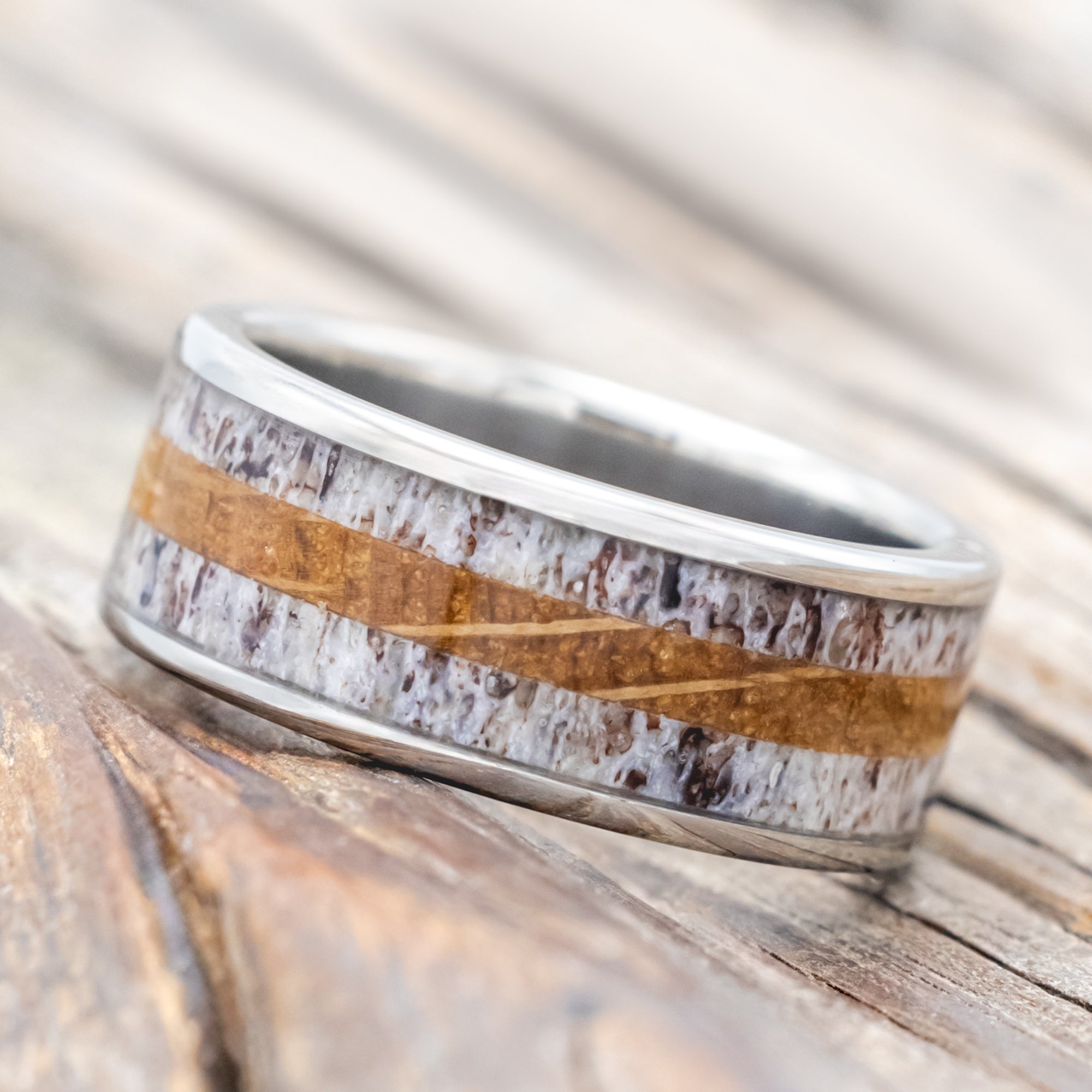 "RAINIER" - ANTLER & WHISKEY BARREL OAK WEDDING RING-Staghead Designs