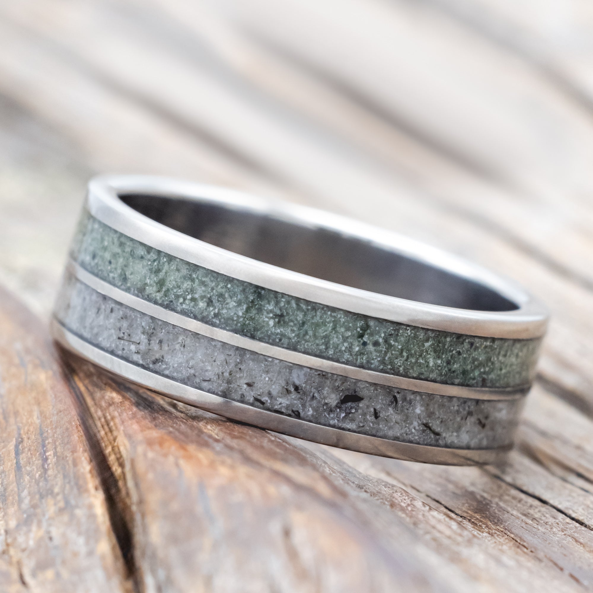 "DYAD" - MOSS AGATE & MOONSTONE WEDDING BAND - TITANIUM - SIZE 12-Staghead Designs