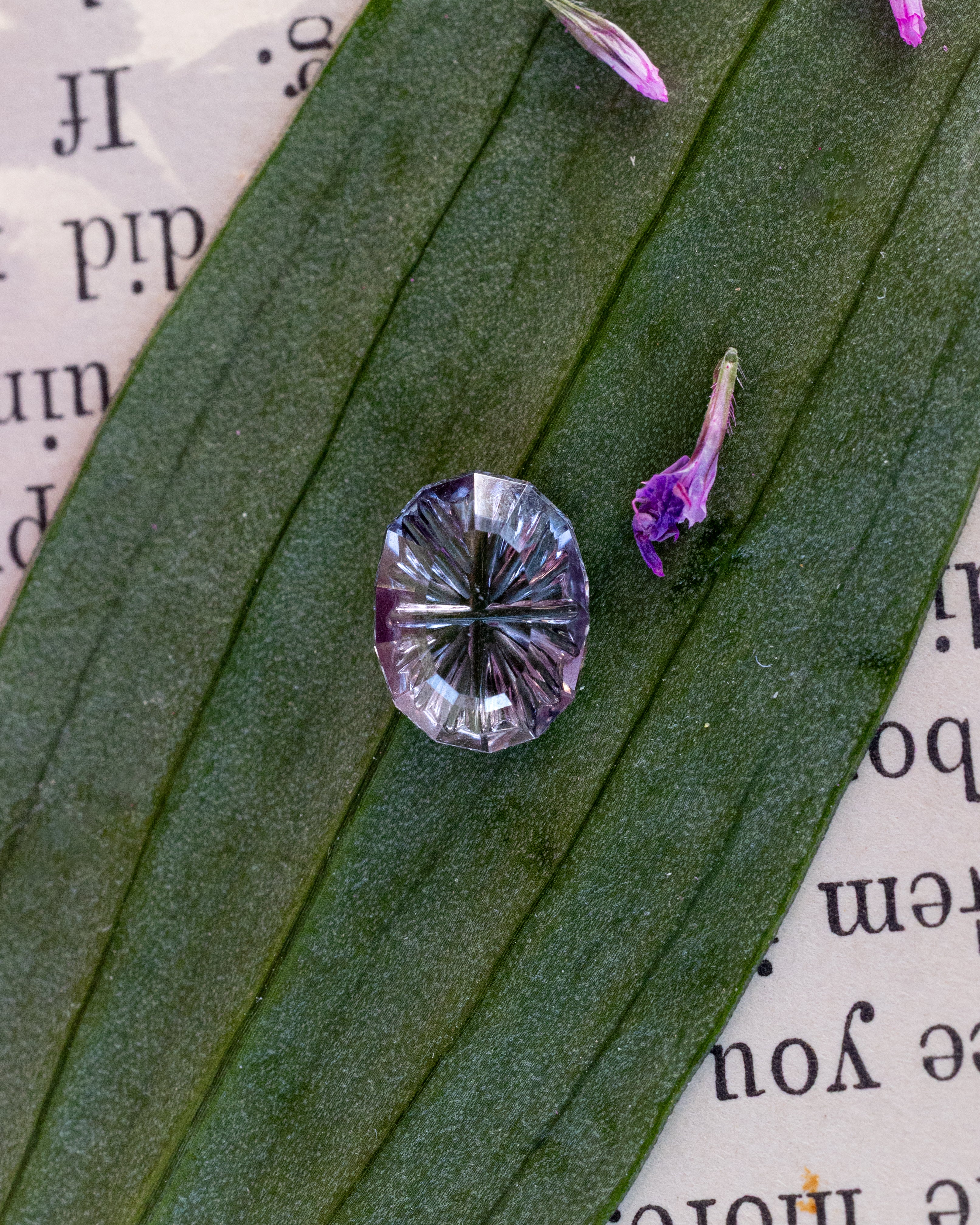A purple oval sapphire gemstone with a starburst pattern, resting on a green leaf over printed paper.