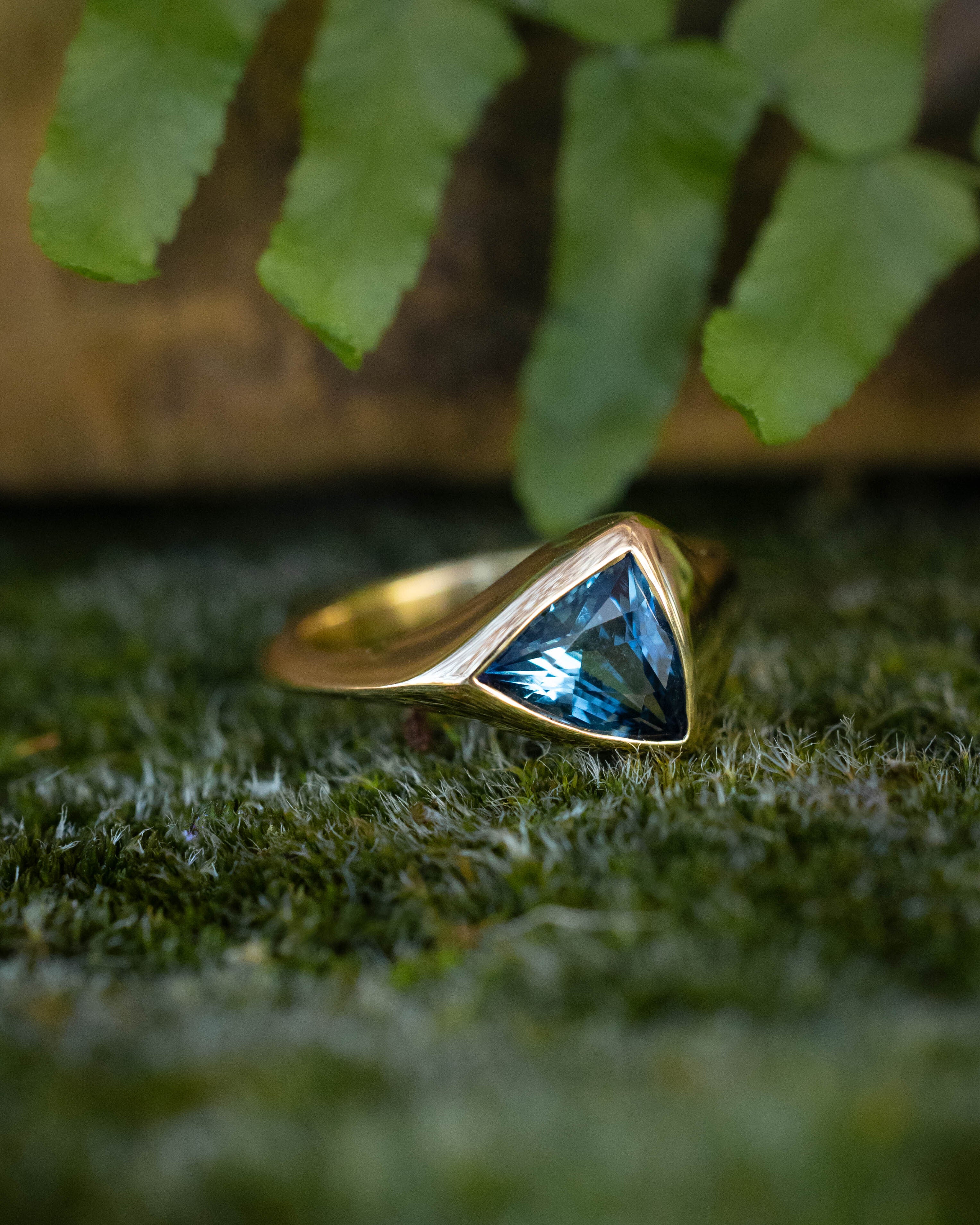 ONE-OF-A-KIND - "KATLAN" - HAND CARVED BEZEL SET TRILLION BLUE SAPPHIRE ENGAGEMENT RING-Staghead Designs