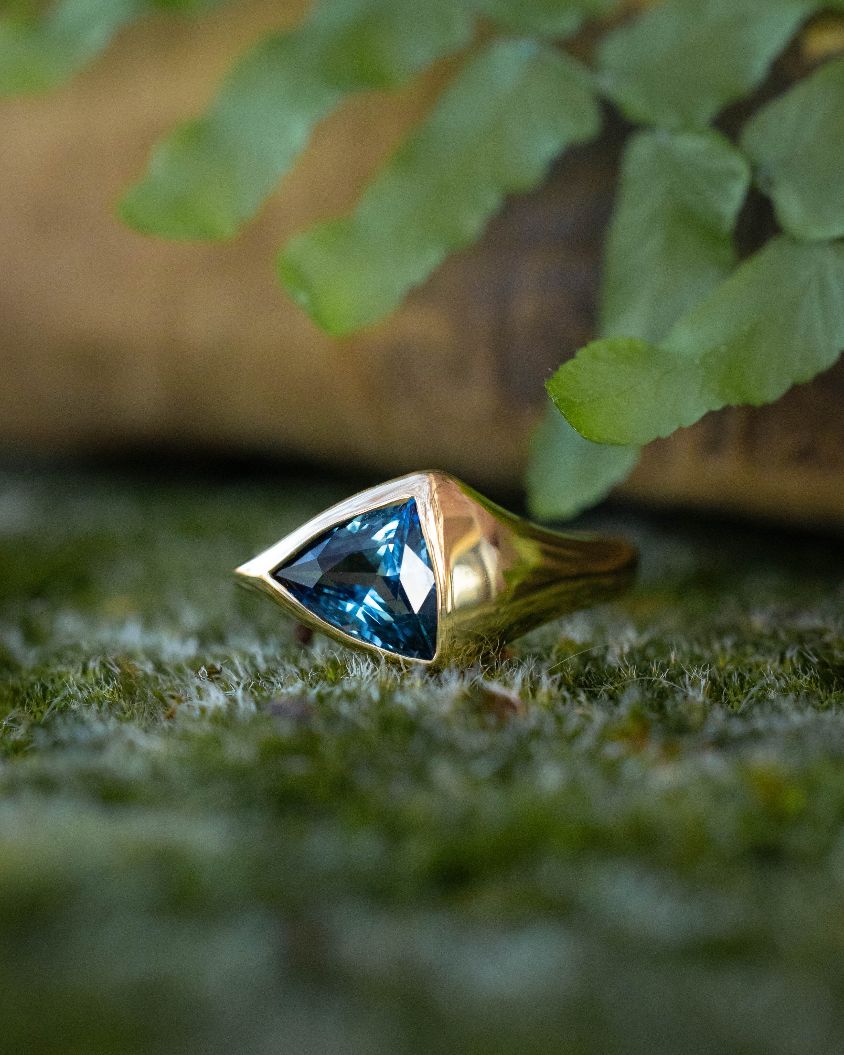 ONE-OF-A-KIND - "KATLAN" - HAND CARVED BEZEL SET TRILLION BLUE SAPPHIRE ENGAGEMENT RING-Staghead Designs