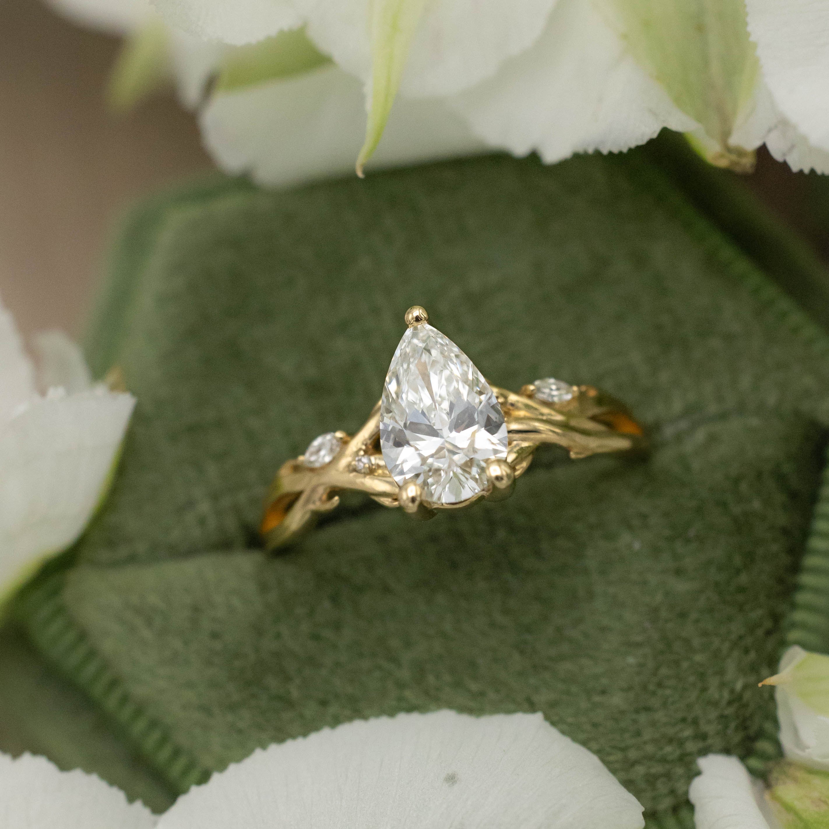 ONE-OF-A-KIND - "TRISTAN" - PEAR CUT LAB-GROWN DIAMOND ENGAGEMENT RING WITH DIAMOND ACCENTS & BRANCH-STYLE BAND-Staghead Designs