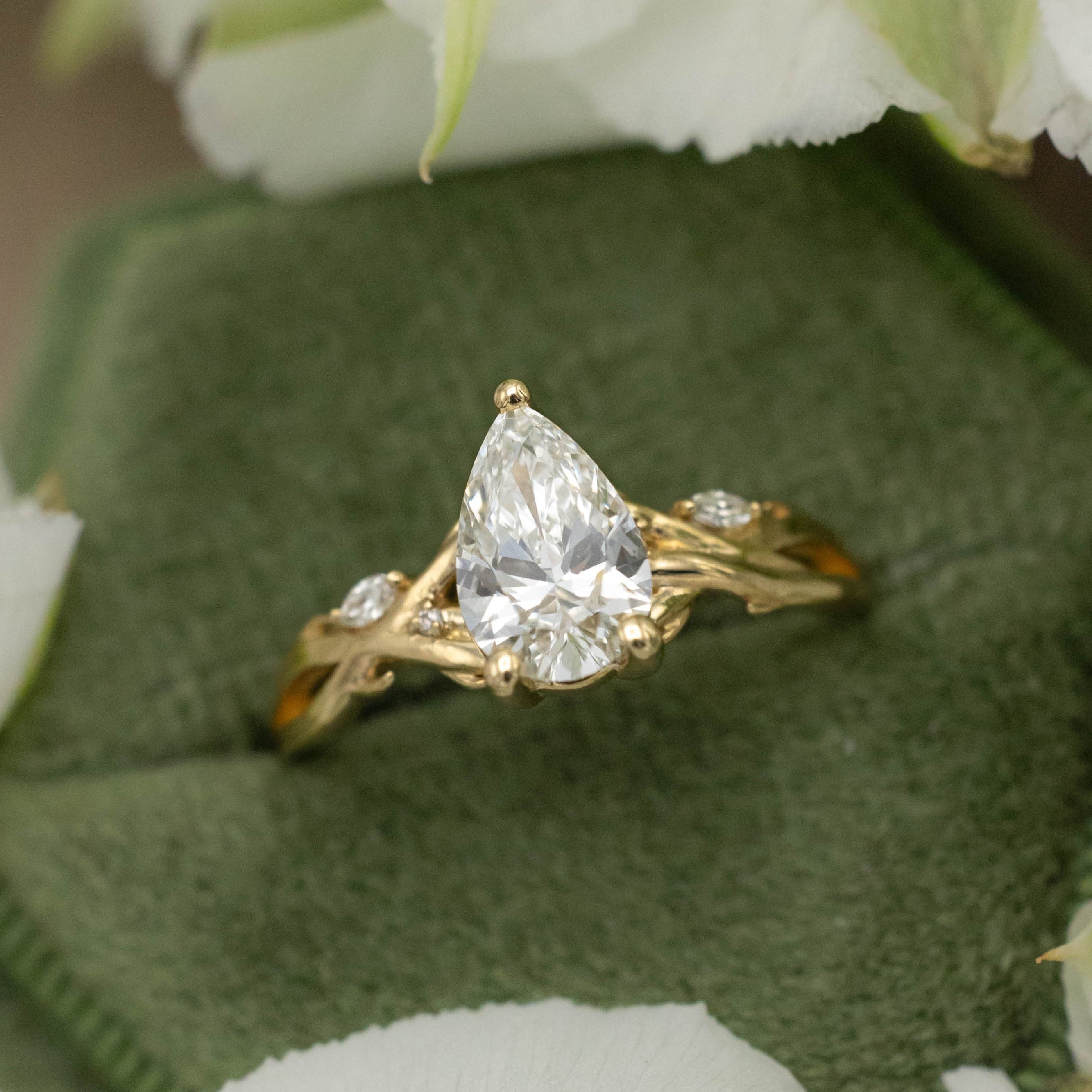 ONE-OF-A-KIND - "TRISTAN" - PEAR CUT LAB-GROWN DIAMOND ENGAGEMENT RING WITH DIAMOND ACCENTS & BRANCH-STYLE BAND-Staghead Designs