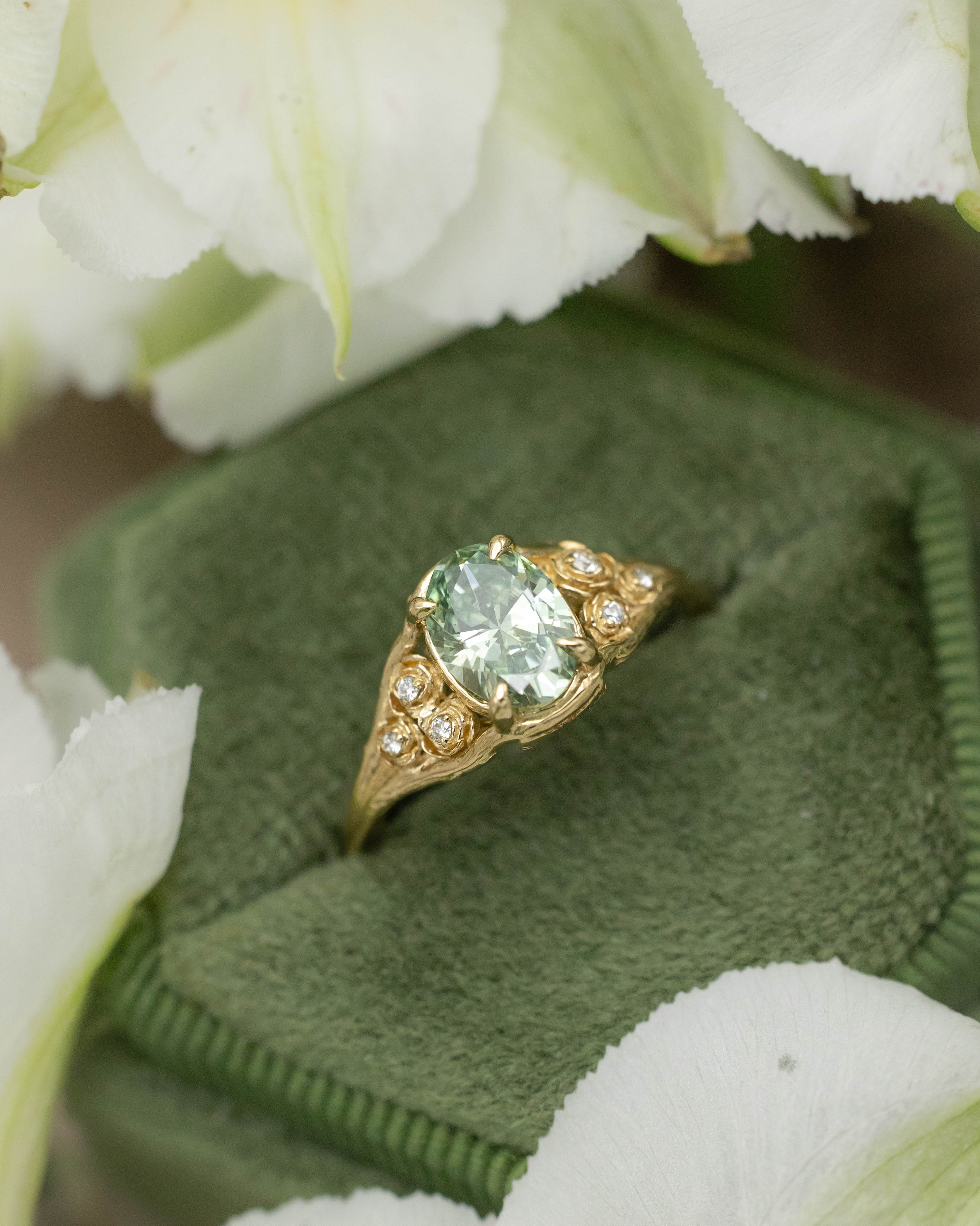 ONE-OF-A-KIND - "THORNE" - FLORAL-STYLE ENGAGEMENT RING WITH .88CT LAB-GROWN OVAL CUT VIVID GREEN DIAMOND-Staghead Designs