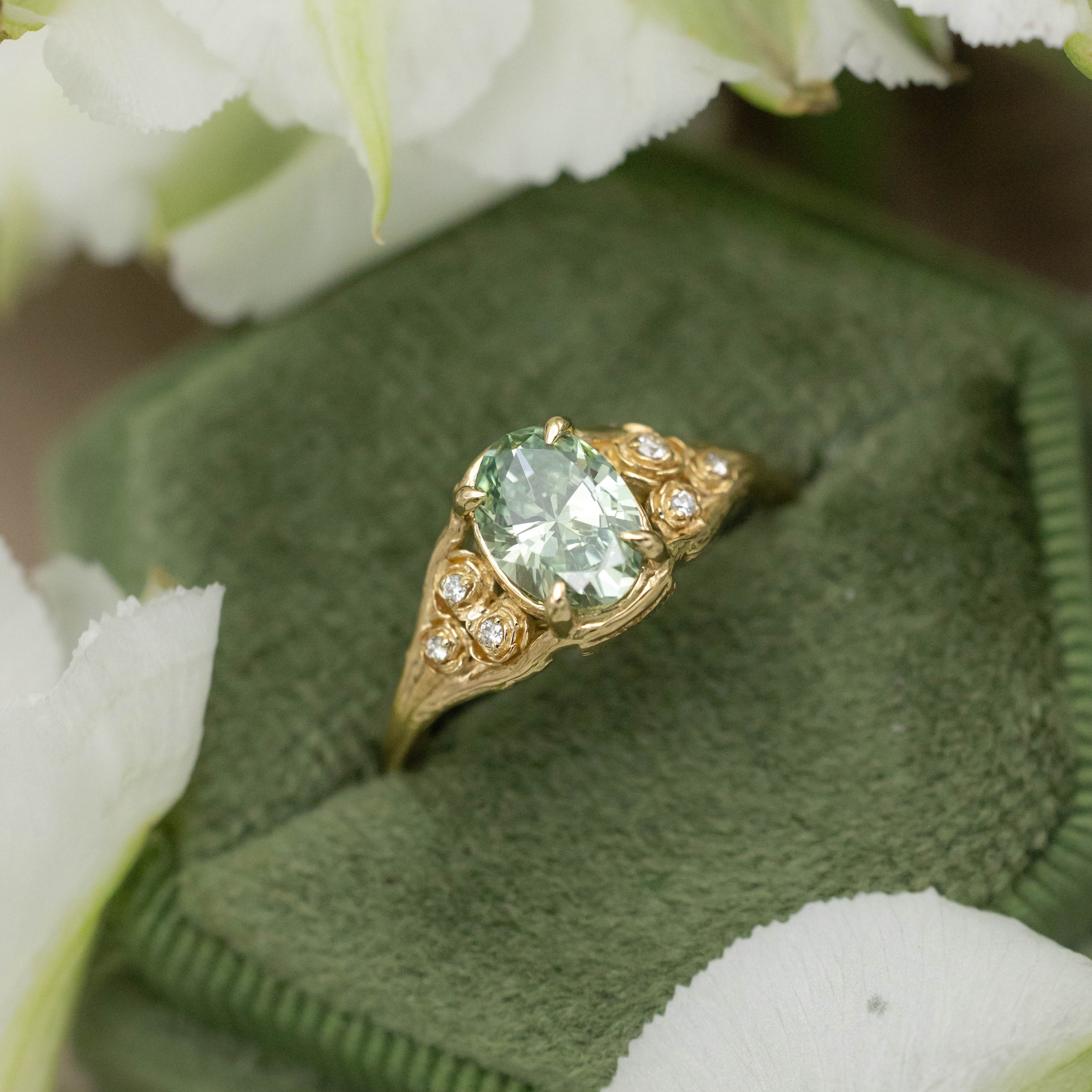 ONE-OF-A-KIND - "THORNE" - FLORAL-STYLE ENGAGEMENT RING WITH .88CT LAB-GROWN OVAL CUT VIVID GREEN DIAMOND-Staghead Designs