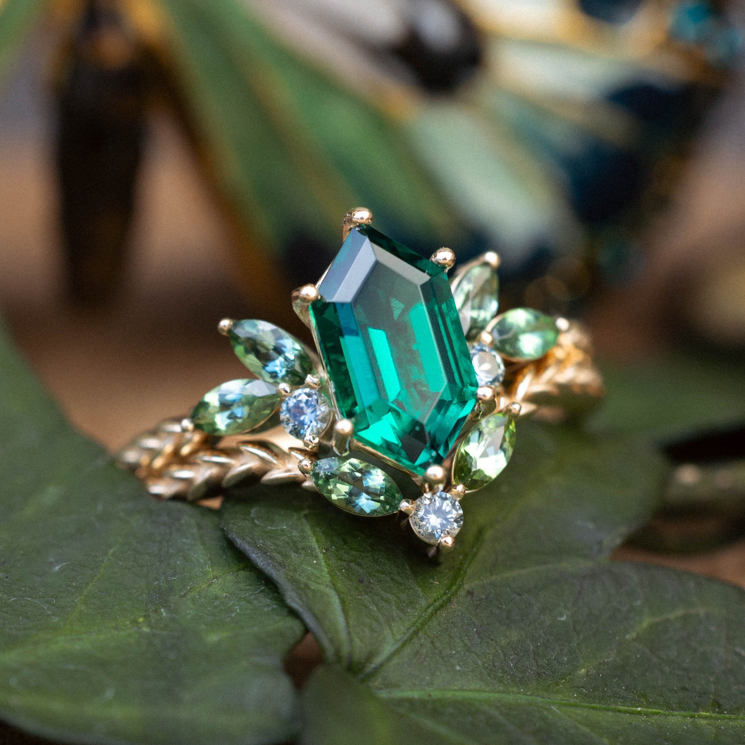 "Laurel" - Vine-Inspired Engagement Ring Featuring Teal Tourmaline & Montana Sapphire Accents With A Tracer - Select Your Own Stone