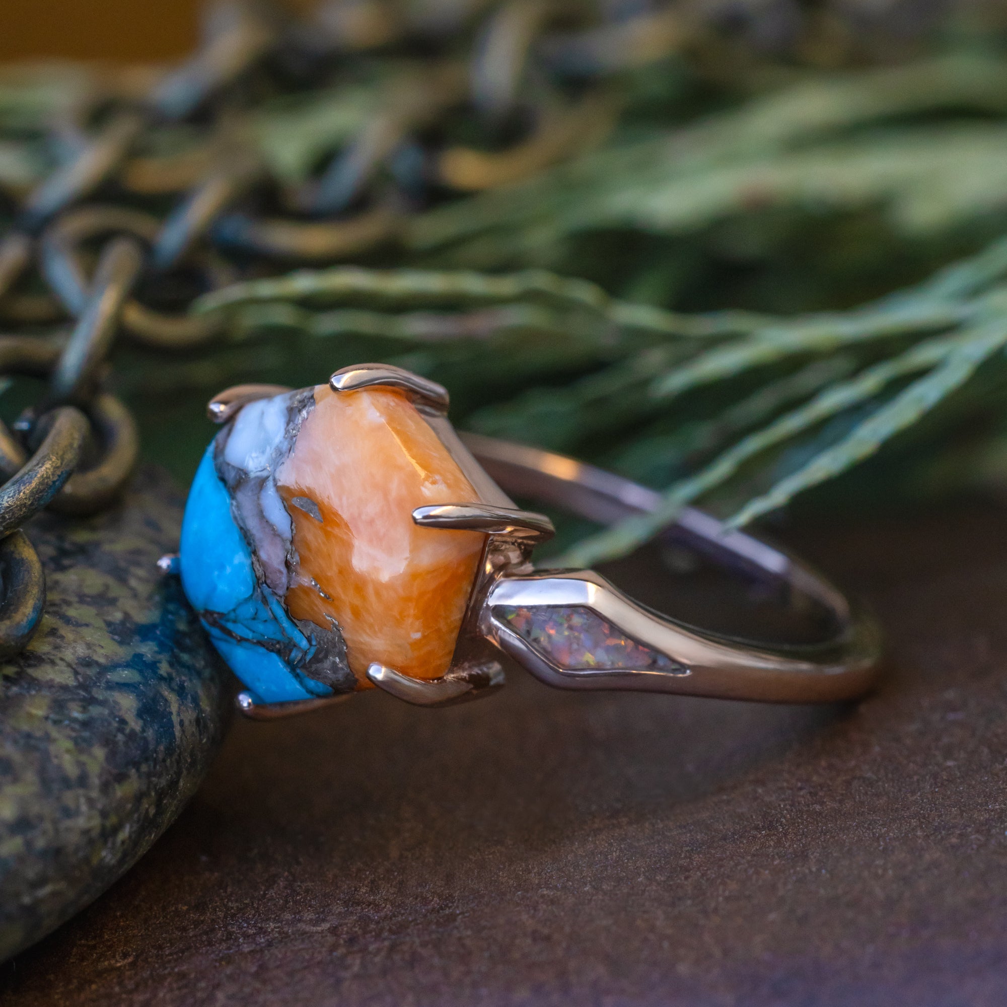 "LOVE STORY" - HEXAGON CABOCHON CUT SPINY OYSTER TURQUOISE ENGAGEMENT RING WITH FIRE & ICE OPAL INLAYS-Staghead Designs