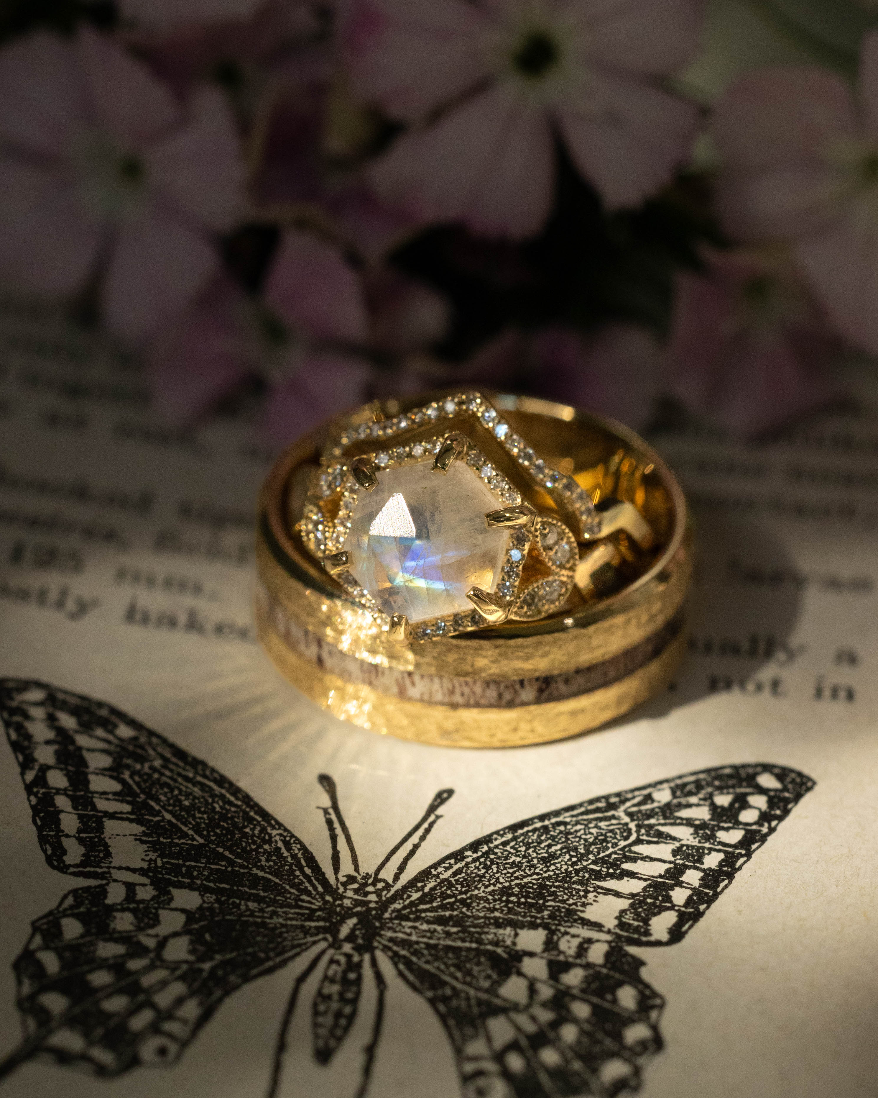 "LUCY IN THE SKY" - FACETED HEXAGON CUT MOONSTONE WEDDING BAND WITH DIAMOND HALO, CUSTOM INLAYS & A DIAMOND TRACER-Staghead Designs