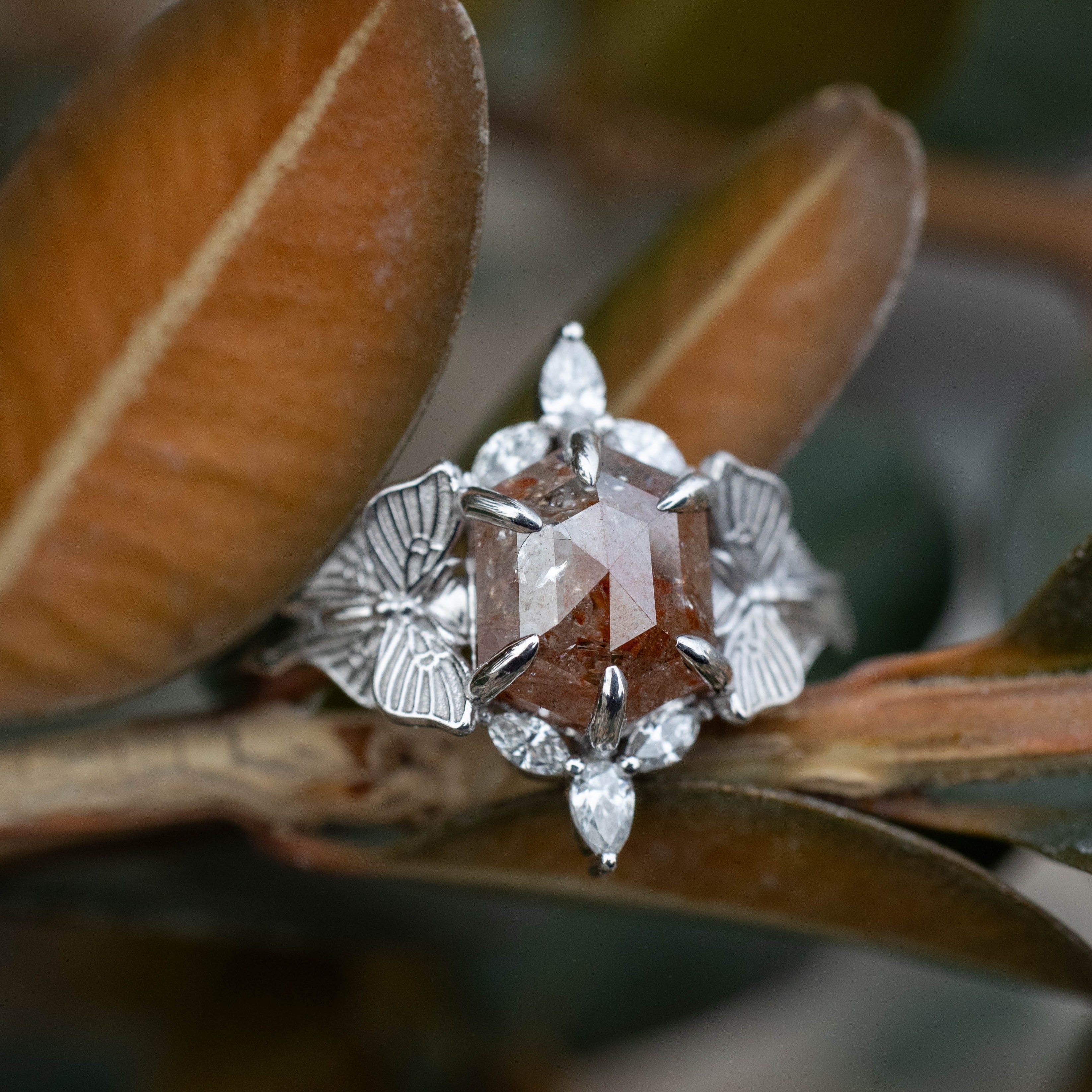 ONE-OF-A-KIND - "LUNA" - MOTH-INSPIRED ENGAGEMENT RING FEATURING HEXAGON ROSE CUT SALT & PEPPER DIAMOND WITH DIAMOND ACCENTS-Staghead Designs