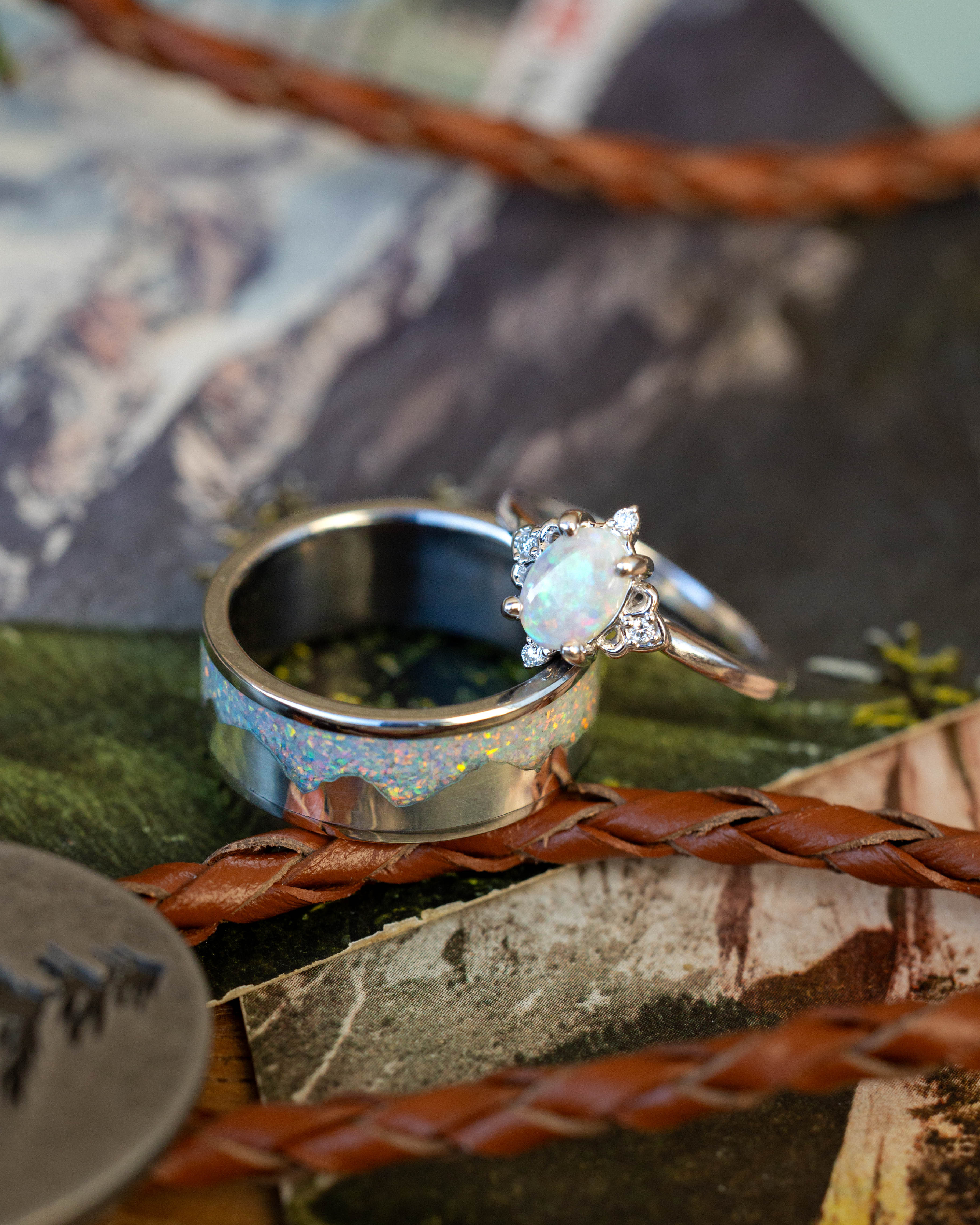 "HELIOS" - FIRE AND ICE OPAL & GOLD MOUNTAIN RANGE WEDDING RING FEATURING A 14K GOLD BAND-Staghead Designs