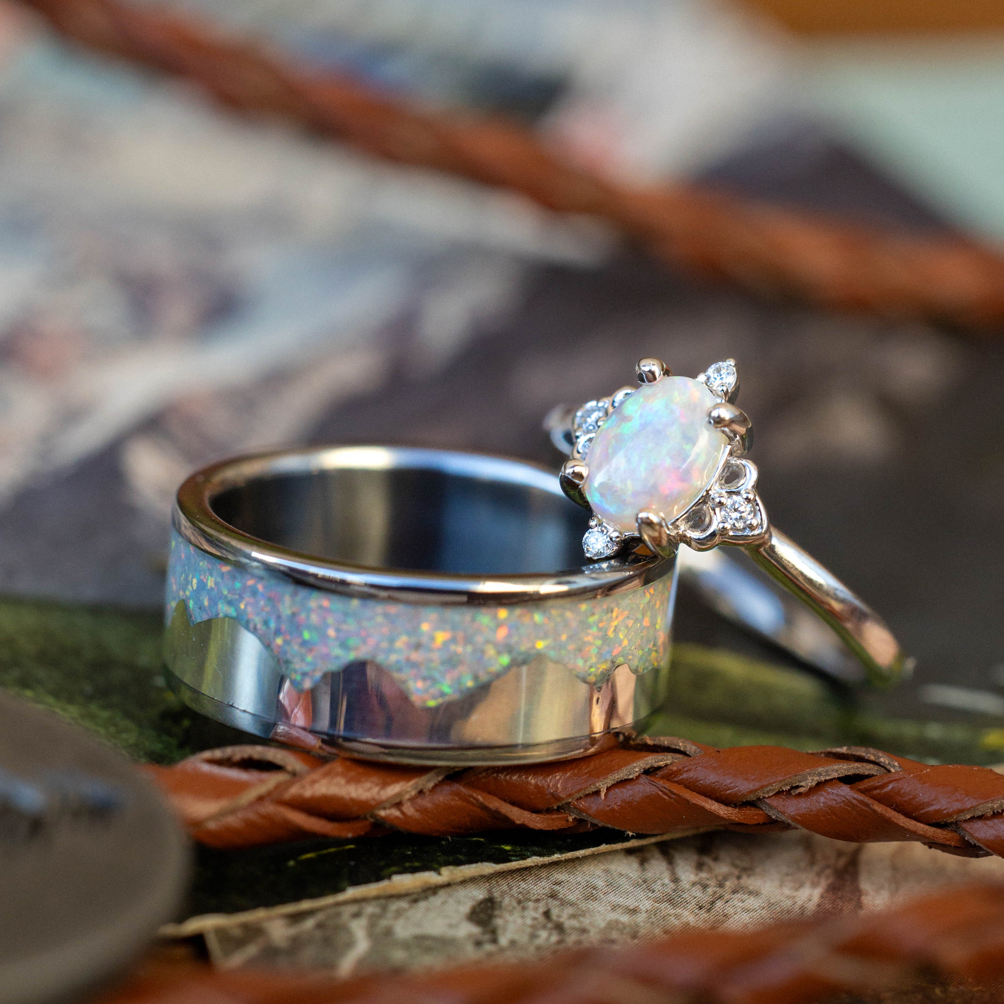 "ZELLA" - OVAL CABOCHON CUT WHITE OPAL ENGAGEMENT RING WITH DIAMOND ACCENTS-Staghead Designs