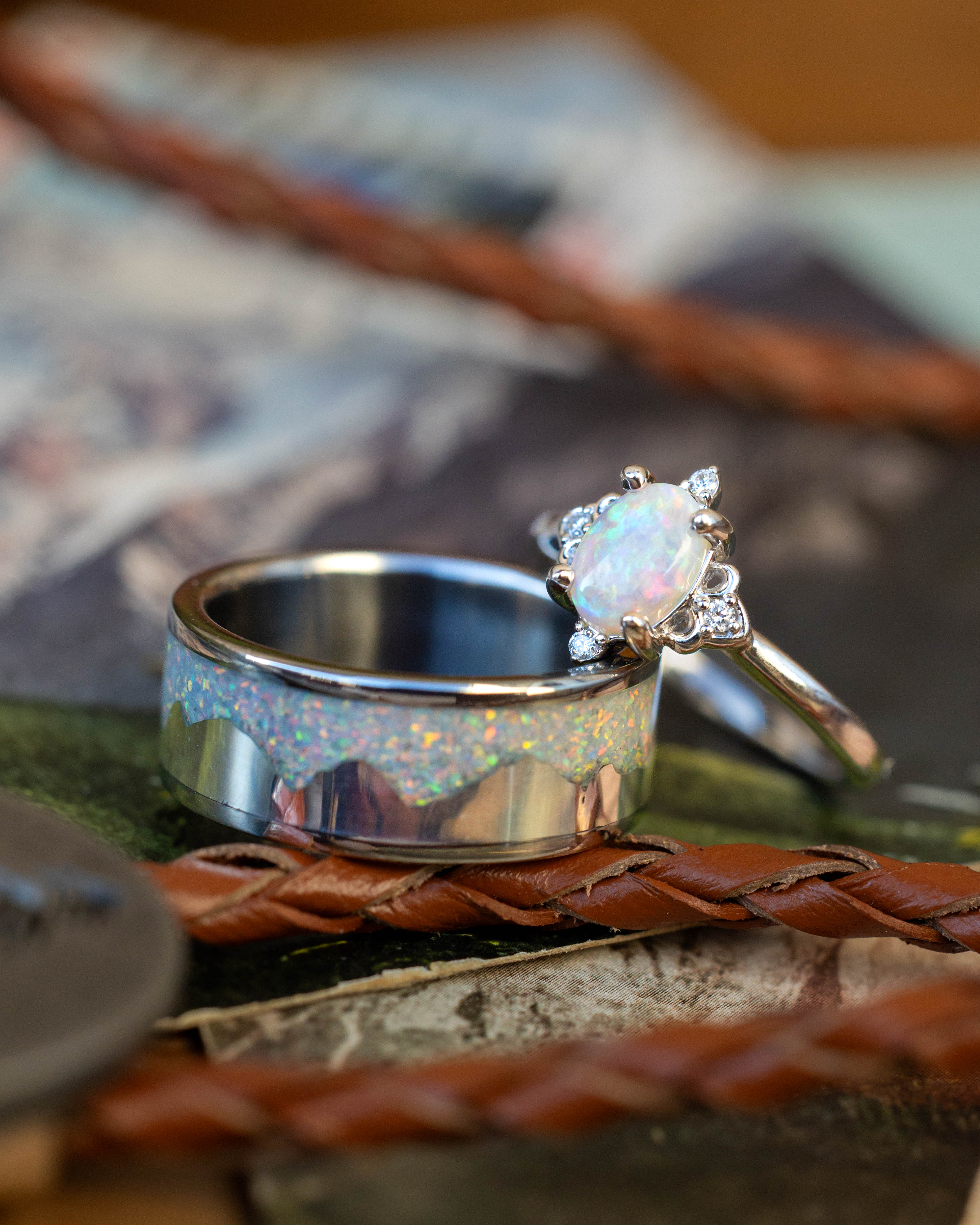 "ZELLA" - OVAL CABOCHON CUT WHITE OPAL ENGAGEMENT RING WITH DIAMOND ACCENTS-Staghead Designs