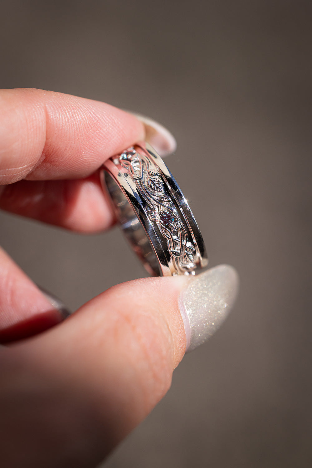 "Cypress" - Custom Vine-Inspired Engraved Men's Wedding Ring With Lab-Grown Alexandrite Accents And Leaf Filigree-Staghead Designs