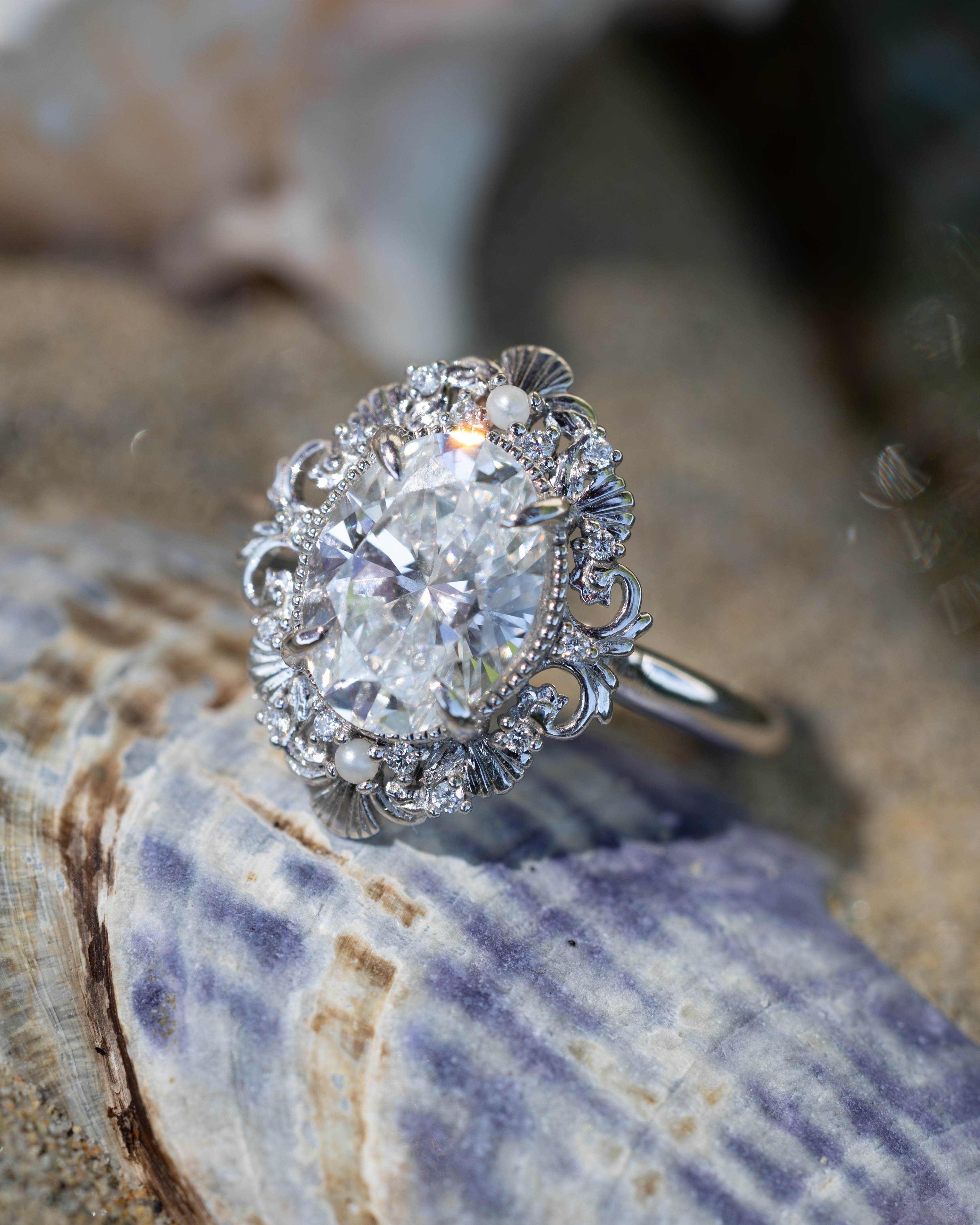 ONE-OF-A-KIND - "MERROW" - OVAL CUT LAB-GROWN DIAMOND ENGAGEMENT RING WITH DIAMOND & PEARL ACCENTS-Staghead Designs