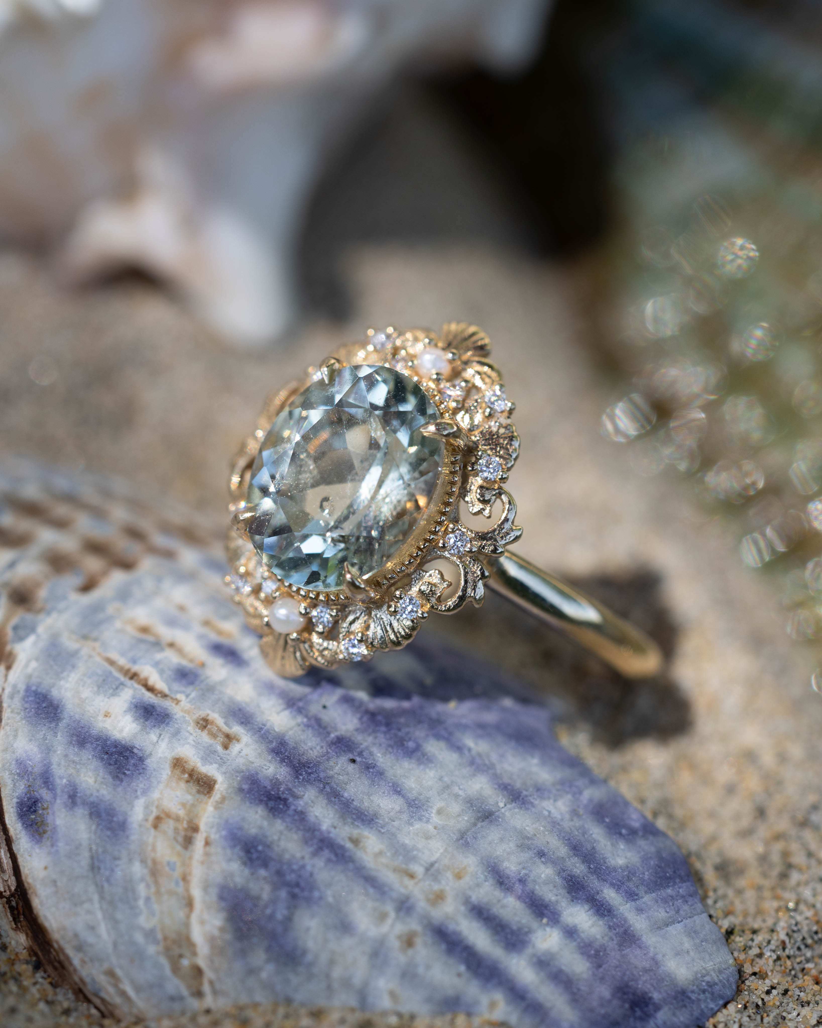 "MERROW" - OVAL CUT GREEN PRASIOLITE ENGAGEMENT RING WITH DIAMOND & PEARL ACCENTS-Staghead Designs