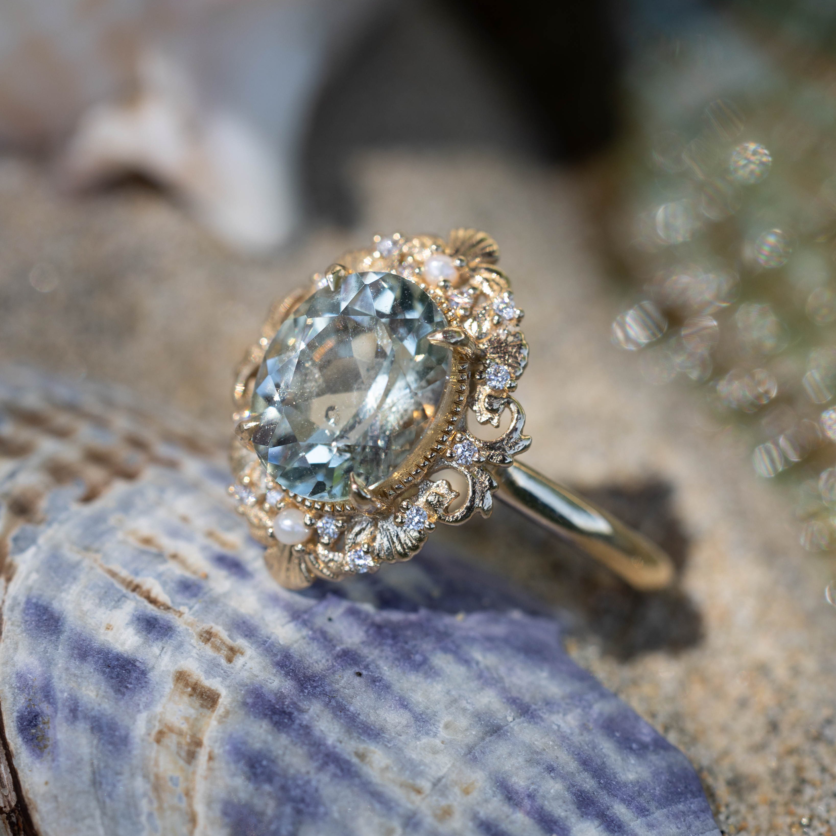 "MERROW" - OVAL CUT GREEN PRASIOLITE ENGAGEMENT RING WITH DIAMOND & PEARL ACCENTS-Staghead Designs