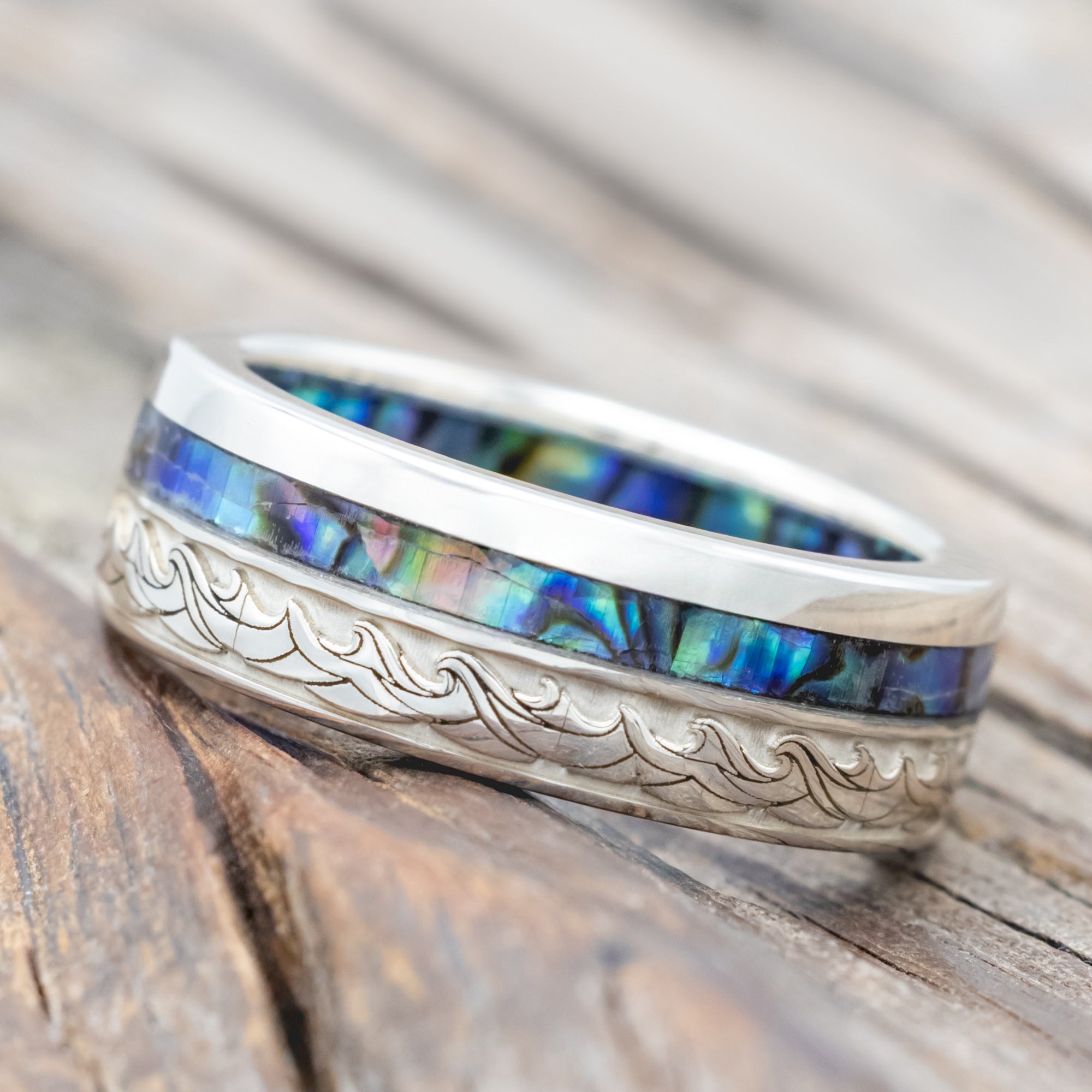 "TRITON" - WAVE ENGRAVED WEDDING BAND WITH PAUA SHELL INLAY & LINING