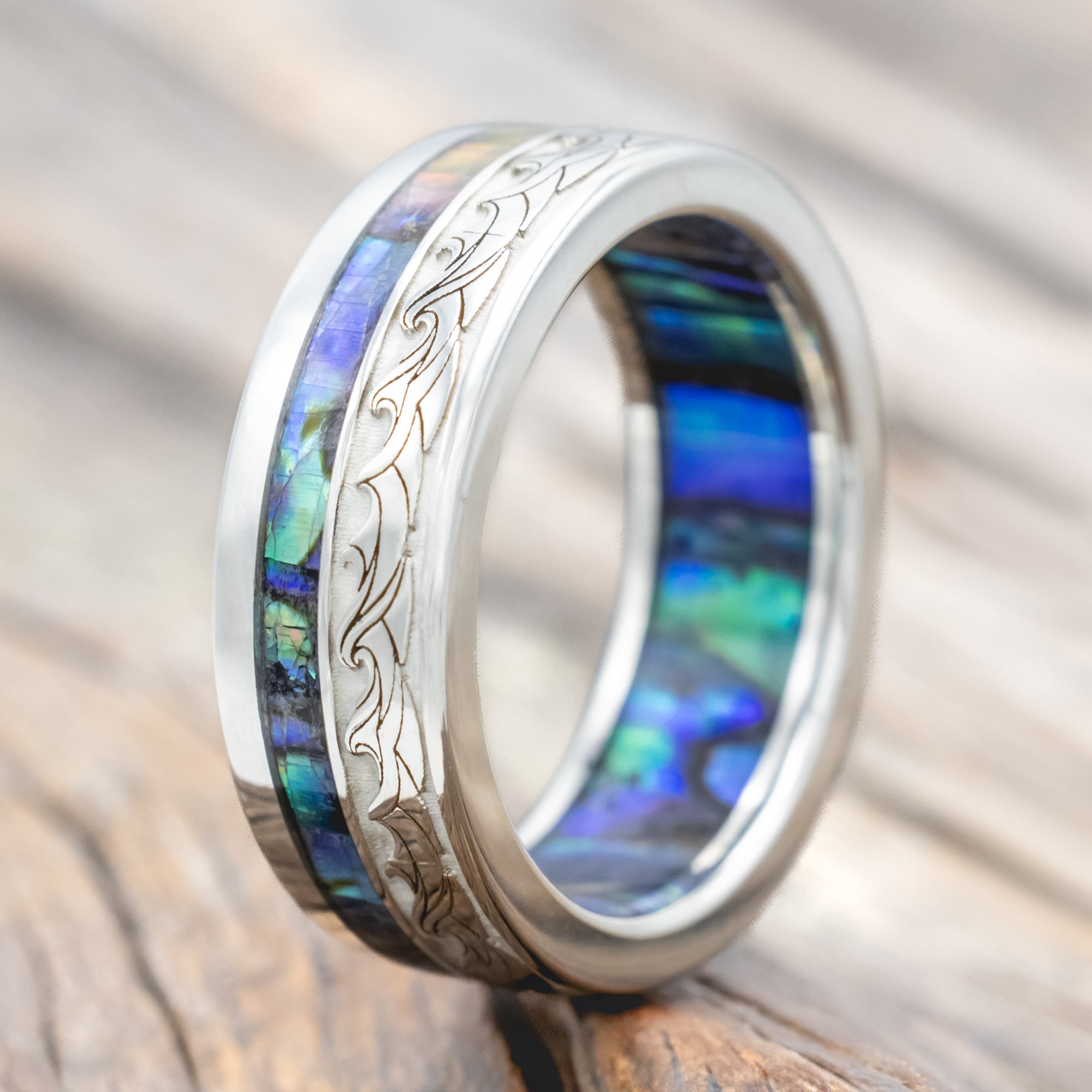 "TRITON" - WAVE ENGRAVED WEDDING BAND WITH PAUA SHELL INLAY & LINING