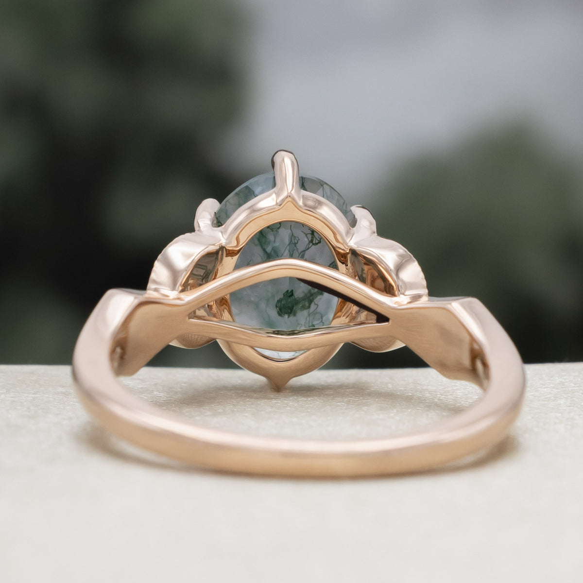 "Lucia" - Oval Cut Moss Agate Engagement Ring With Diamond Accents & Natural Moss Inlays-Staghead Designs