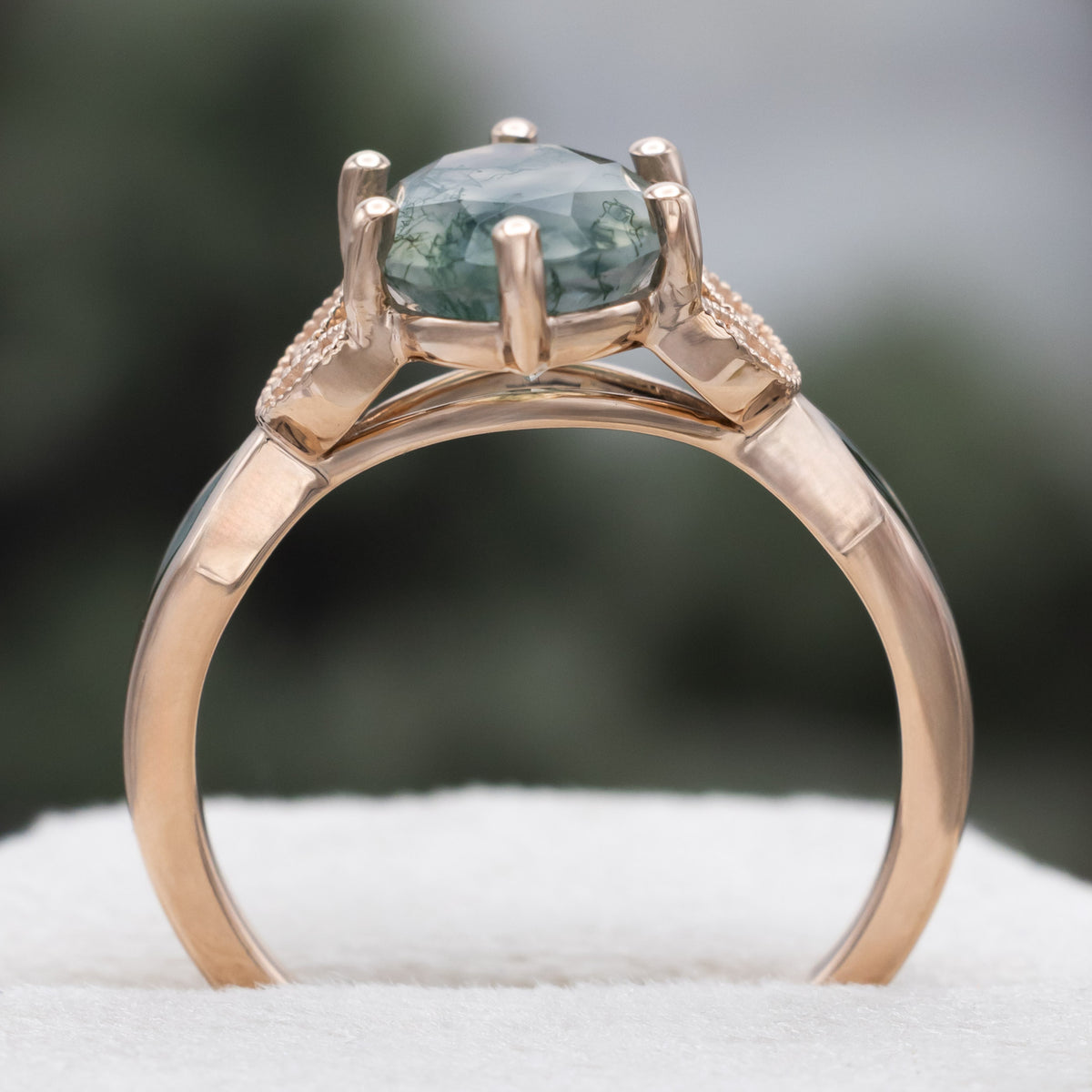 "Lucia" - Oval Cut Moss Agate Engagement Ring With Diamond Accents & Natural Moss Inlays-Staghead Designs