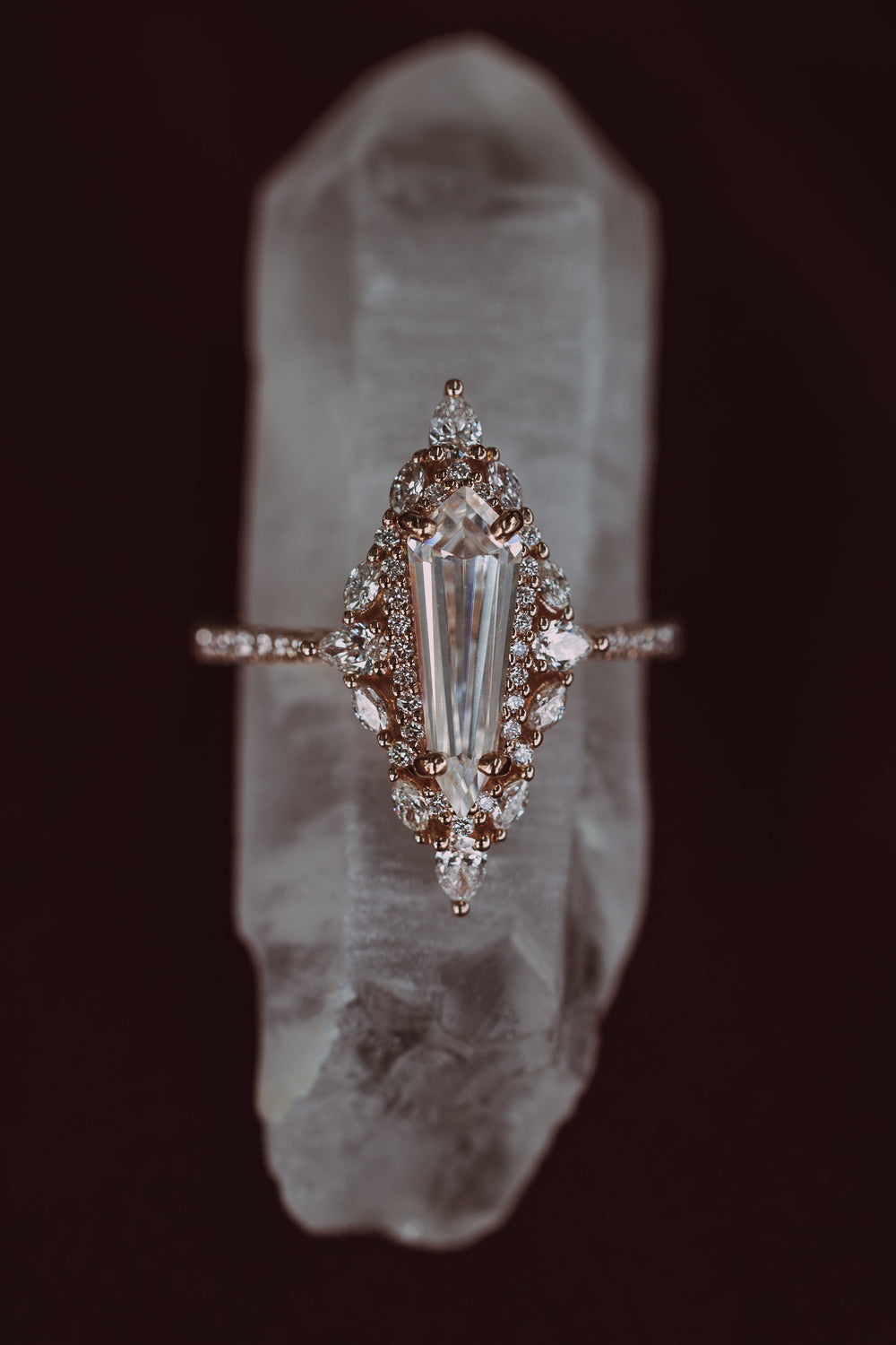 "NORTH STAR" - DAGGER CUT MOISSANITE ENGAGEMENT RING WITH DIAMOND HALO & ACCENTS-Staghead Designs