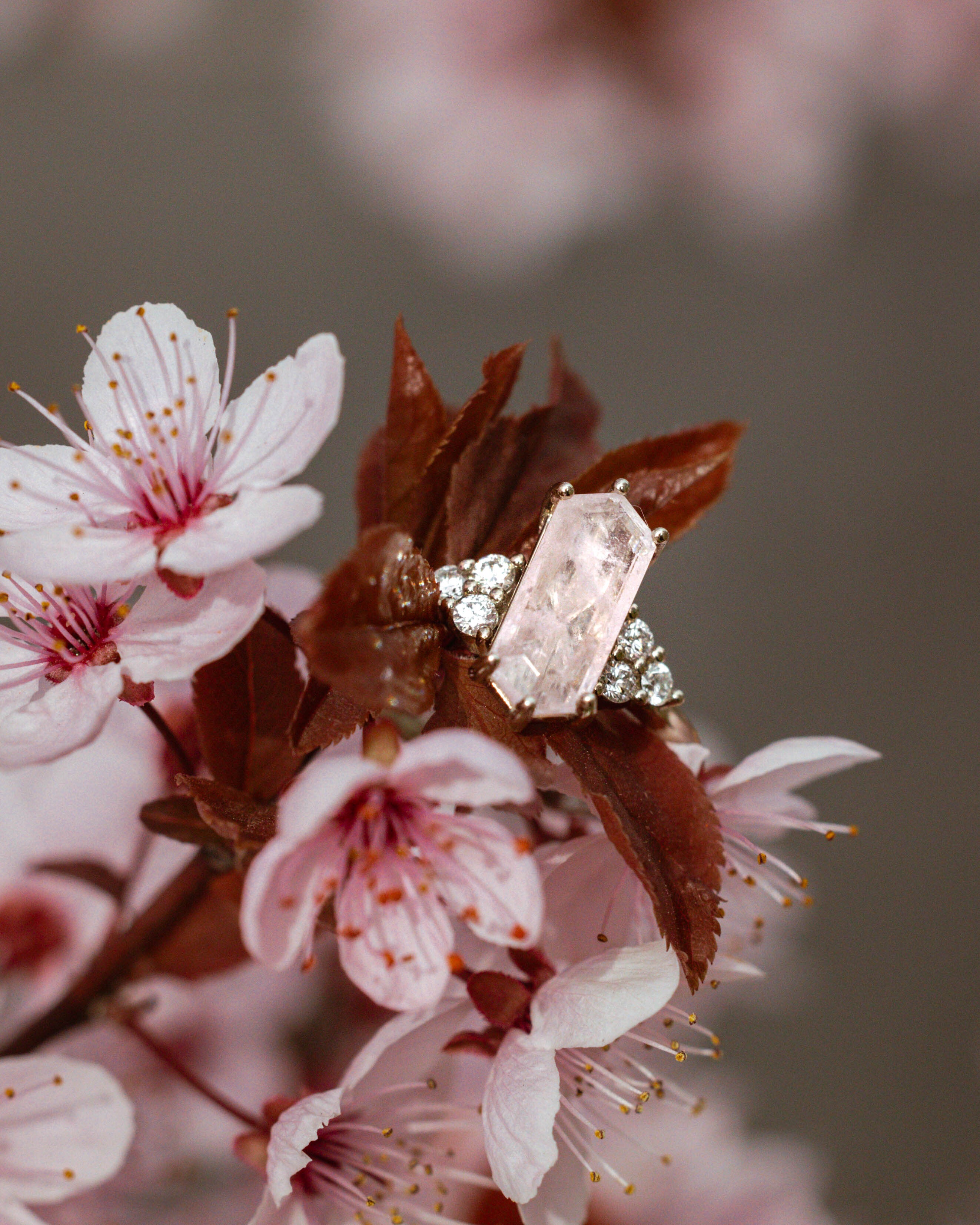 ONE-OF-A-KIND - "OCTAVIA" - ELONGATED HEXAGON CUT MORGANITE ENGAGEMENT RING WITH DIAMOND ACCENTS-Staghead Designs