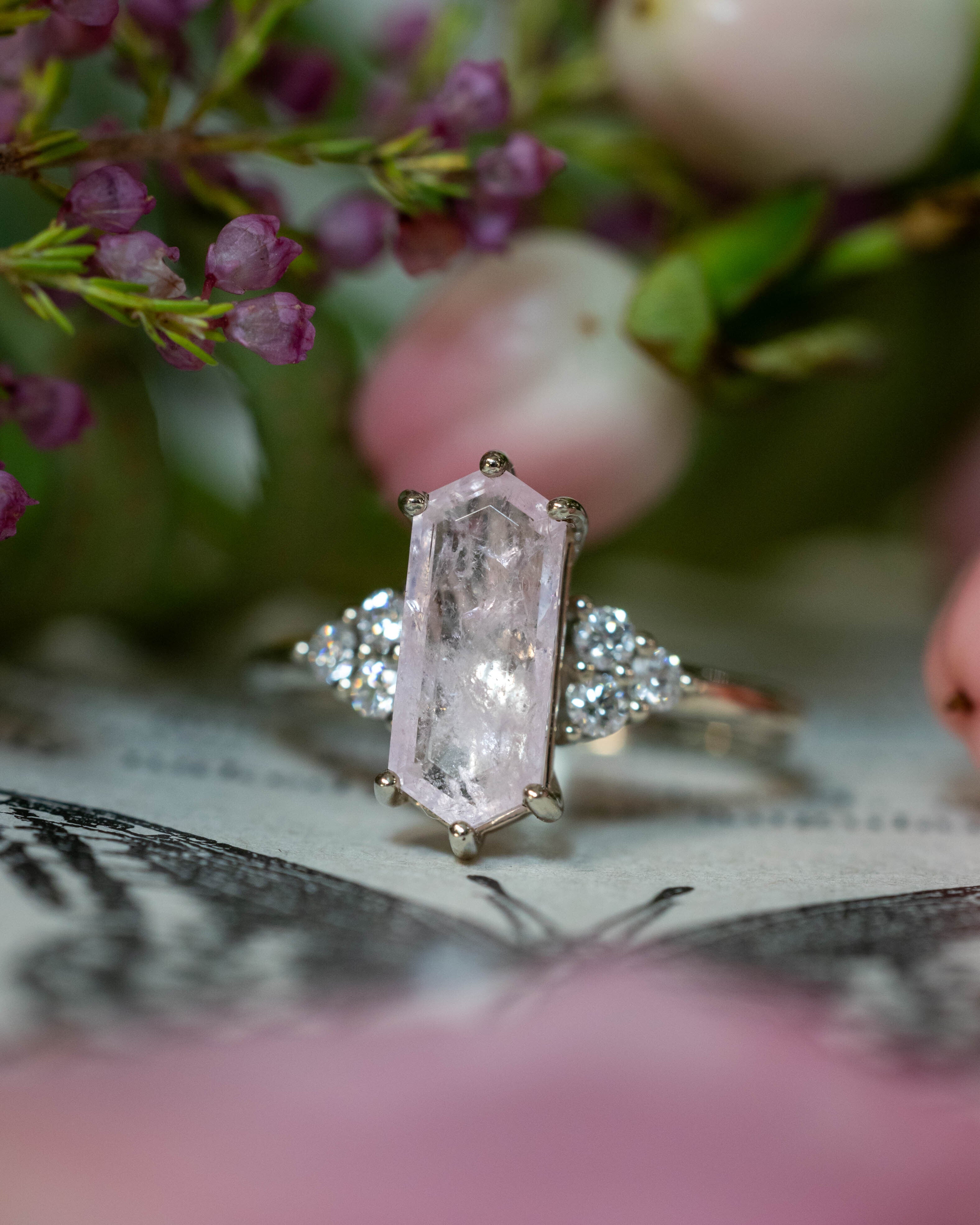 ONE-OF-A-KIND - "OCTAVIA" - ELONGATED HEXAGON CUT MORGANITE ENGAGEMENT RING WITH DIAMOND ACCENTS-Staghead Designs