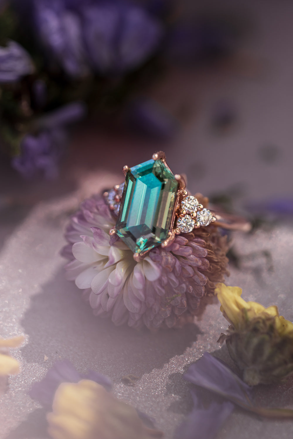 "OCTAVIA" - ELONGATED HEXAGON CUT GREEN MOISSANITE ENGAGEMENT RING WITH DIAMOND ACCENTS-Staghead Designs