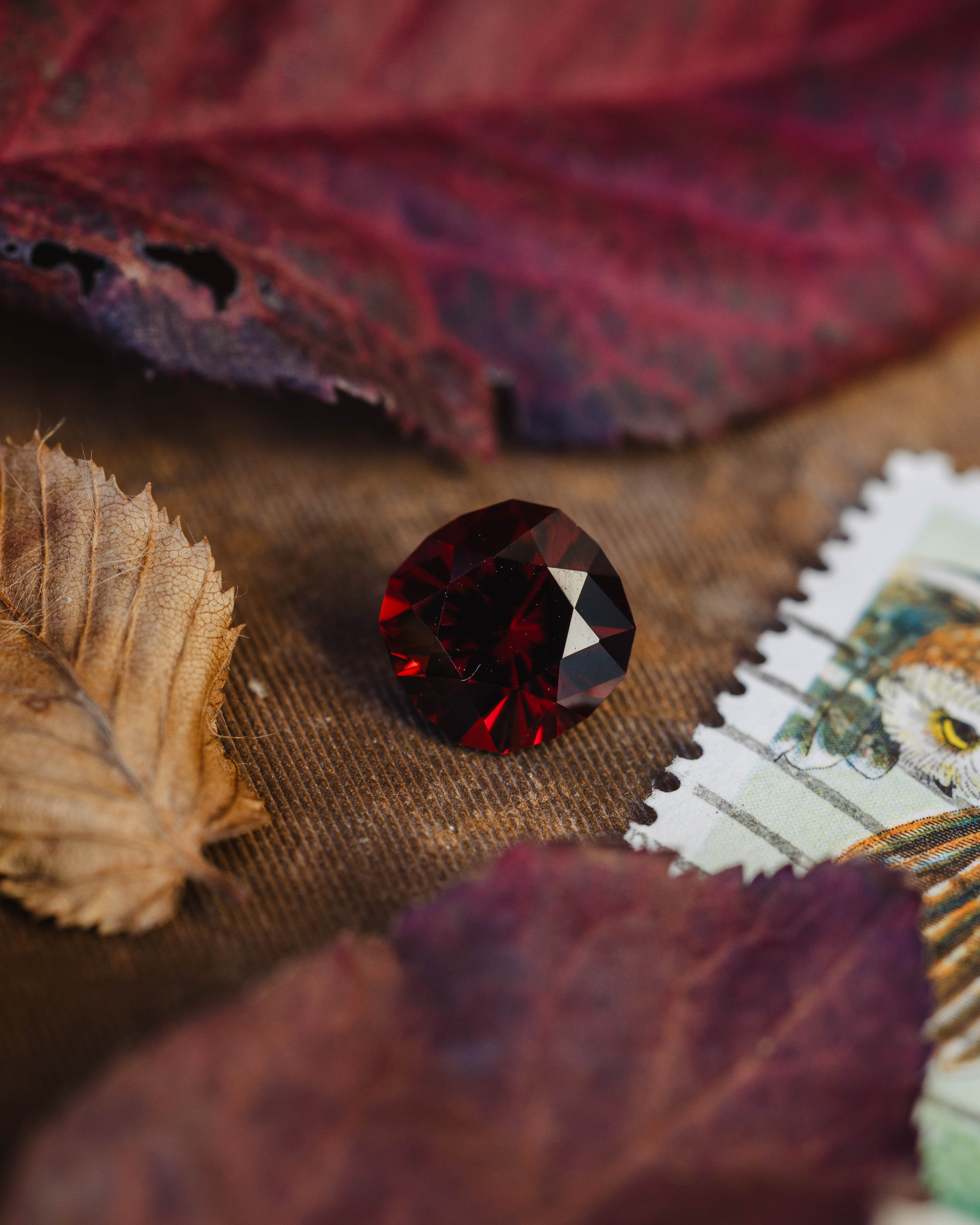 Red garnet on a textured surface with leaves and fabric