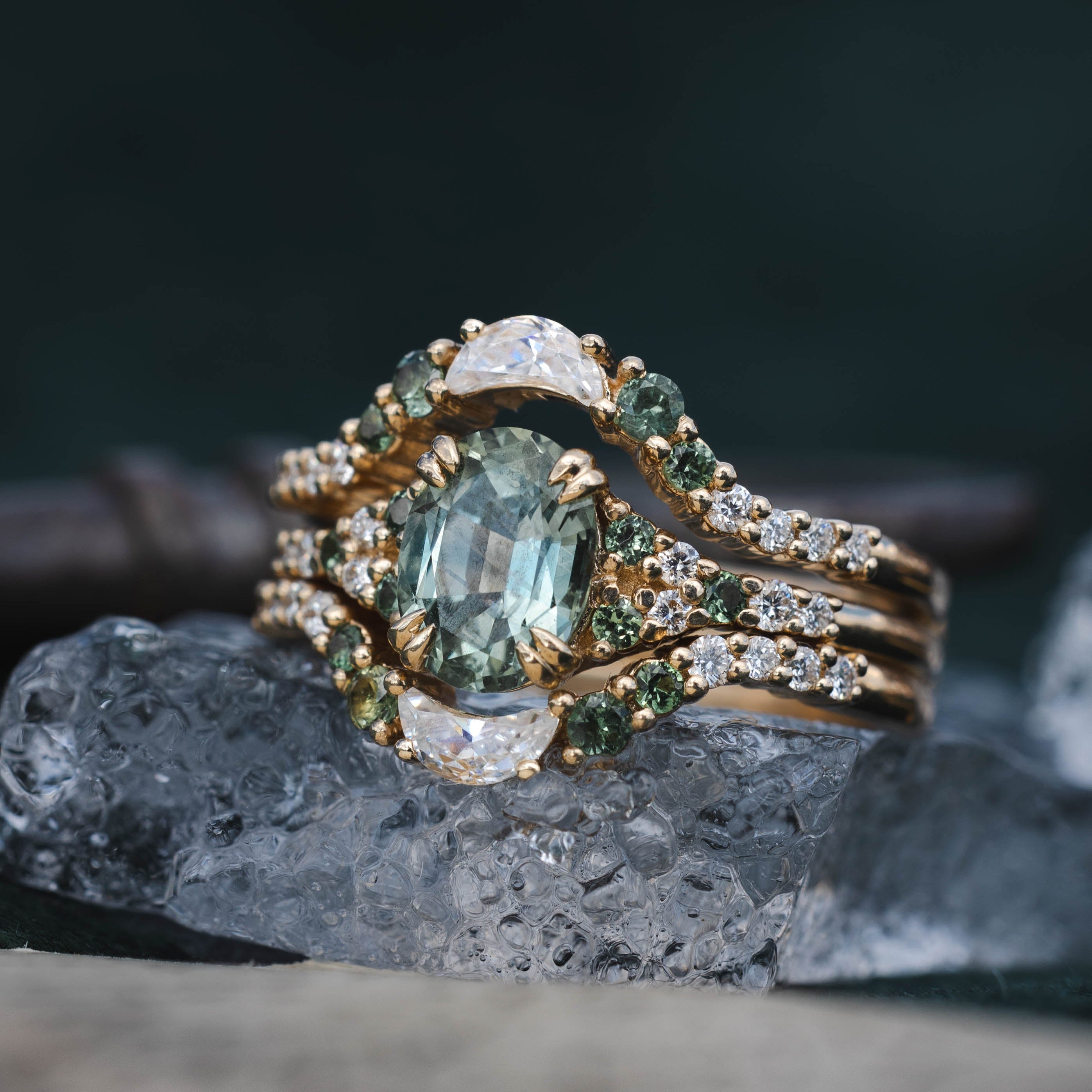 ONE-OF-A-KIND - "SOLUNA" - OVAL CUT MONTANA SAPPHIRE ENGAGEMENT RING FEATURING SAPPHIRE & DIAMOND ACCENTS WITH MOISSANITE RING GUARD-Staghead Designs