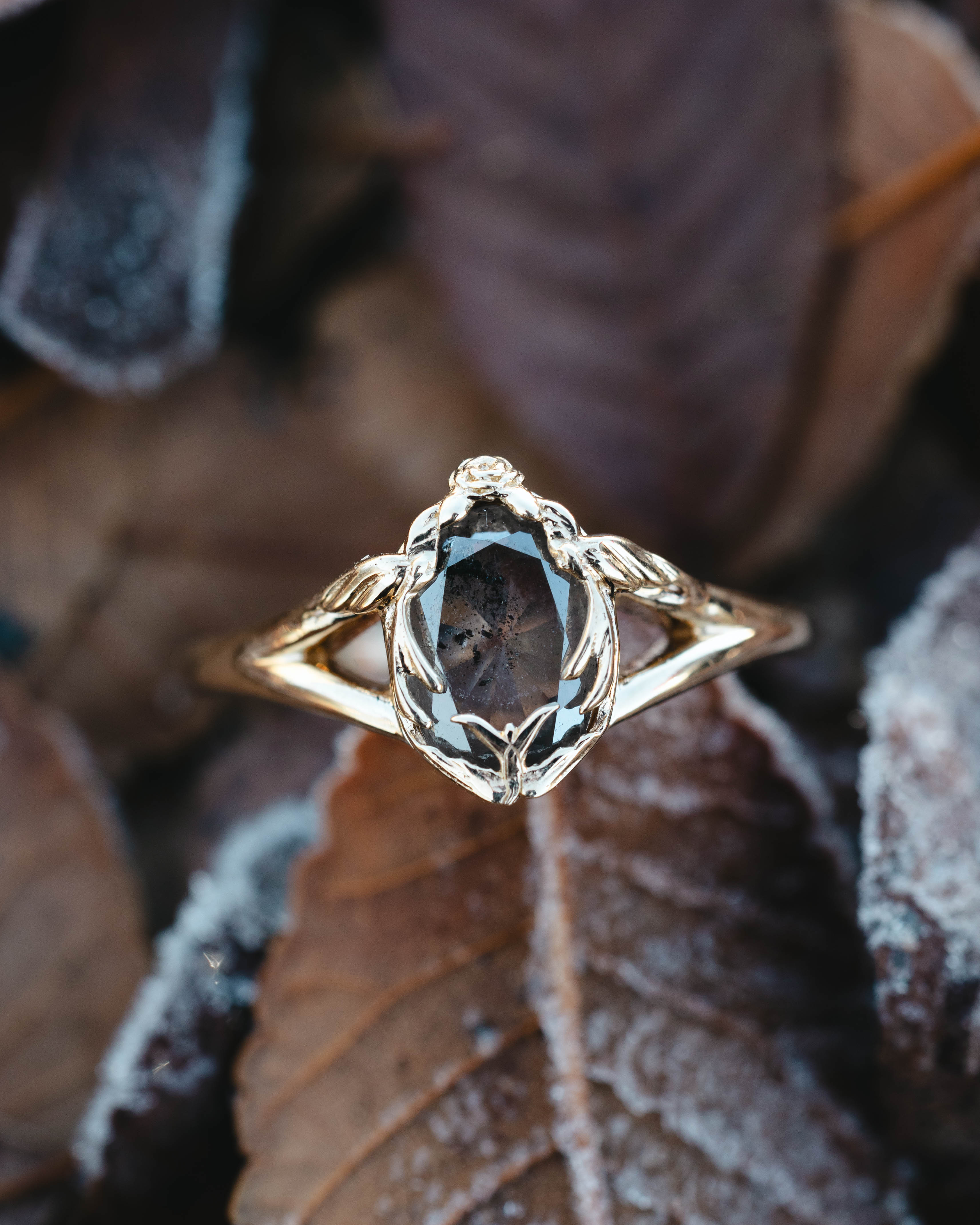 ONE-OF-A-KIND - "HIRONDELLE" - OVAL DOUBLE CUT SALT & PEPPER DIAMOND ENGAGEMENT RING WITH SWALLOW BIRD-INSPIRED FILIGREE-Staghead Designs