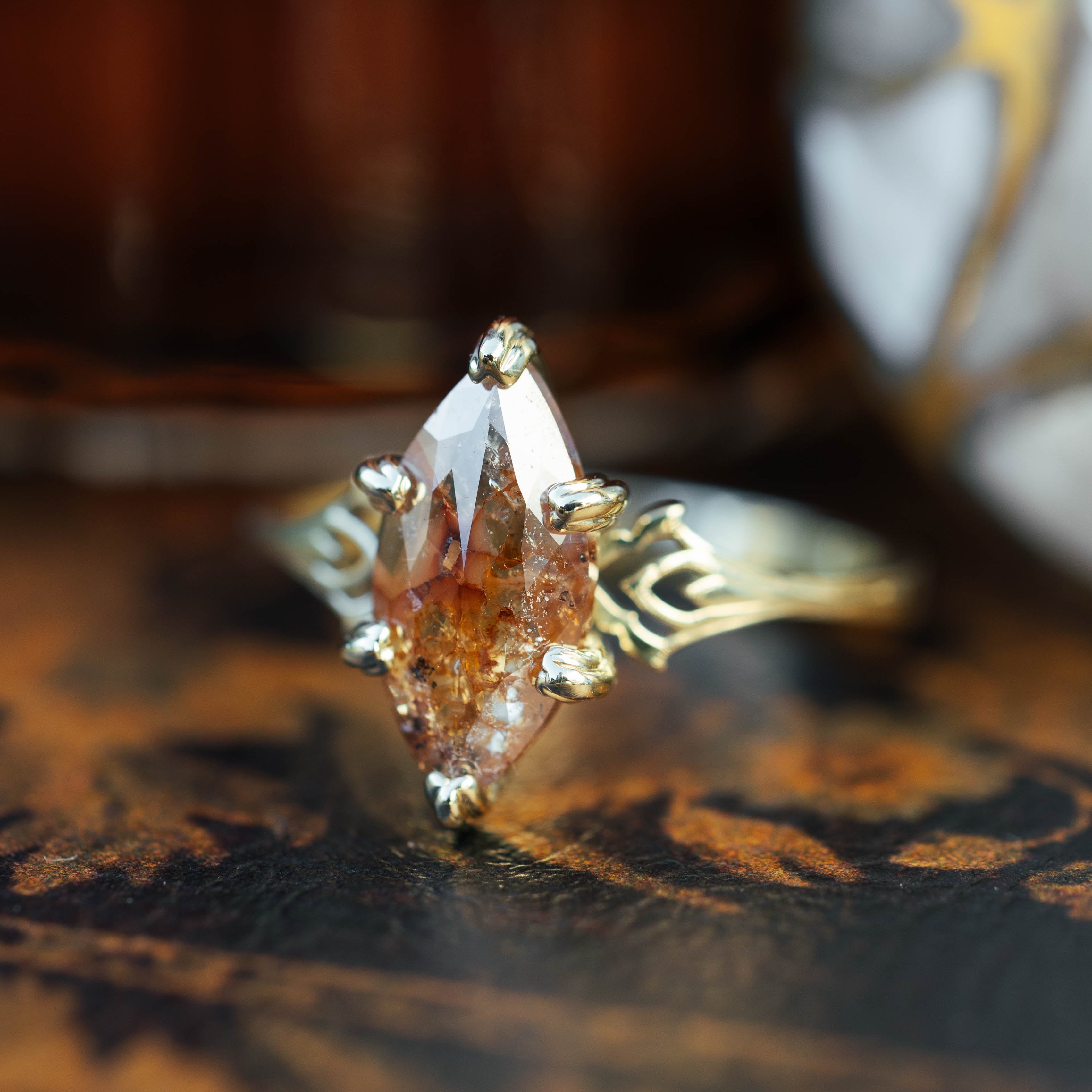 ONE-OF-A-KIND - "MORRIGAN" - ORNATE SOLITAIRE ENGAGEMENT RING WITH MARQUISE CUT SALT & PEPPER DIAMOND-Staghead Designs