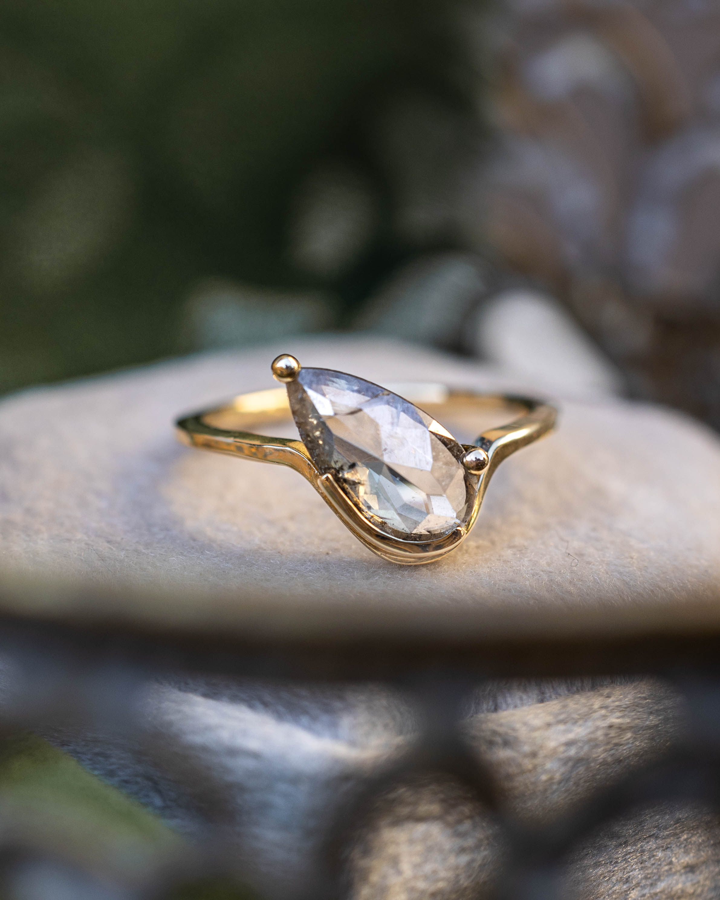 ONE-OF-A-KIND - "IMOGEN" - HALF BEZEL SOLITAIRE ENGAGEMENT RING WITH A PEAR ROSE CUT SALT & PEPPER DIAMOND-Staghead Designs
